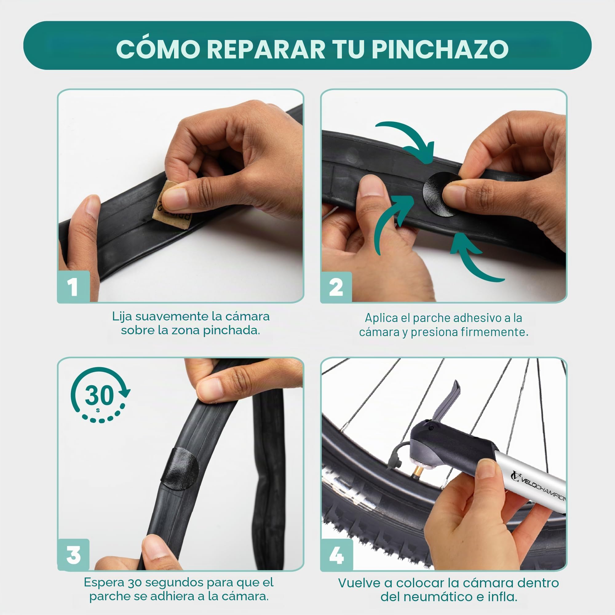 VeloChampion Kit Pinchazos Bicicleta con Parches Autoadhesivos y Desmontadores Opcionales, Kit Repara Pinchazos para MTB, Carretera, Ciudad y Bicicleta Eléctrica
