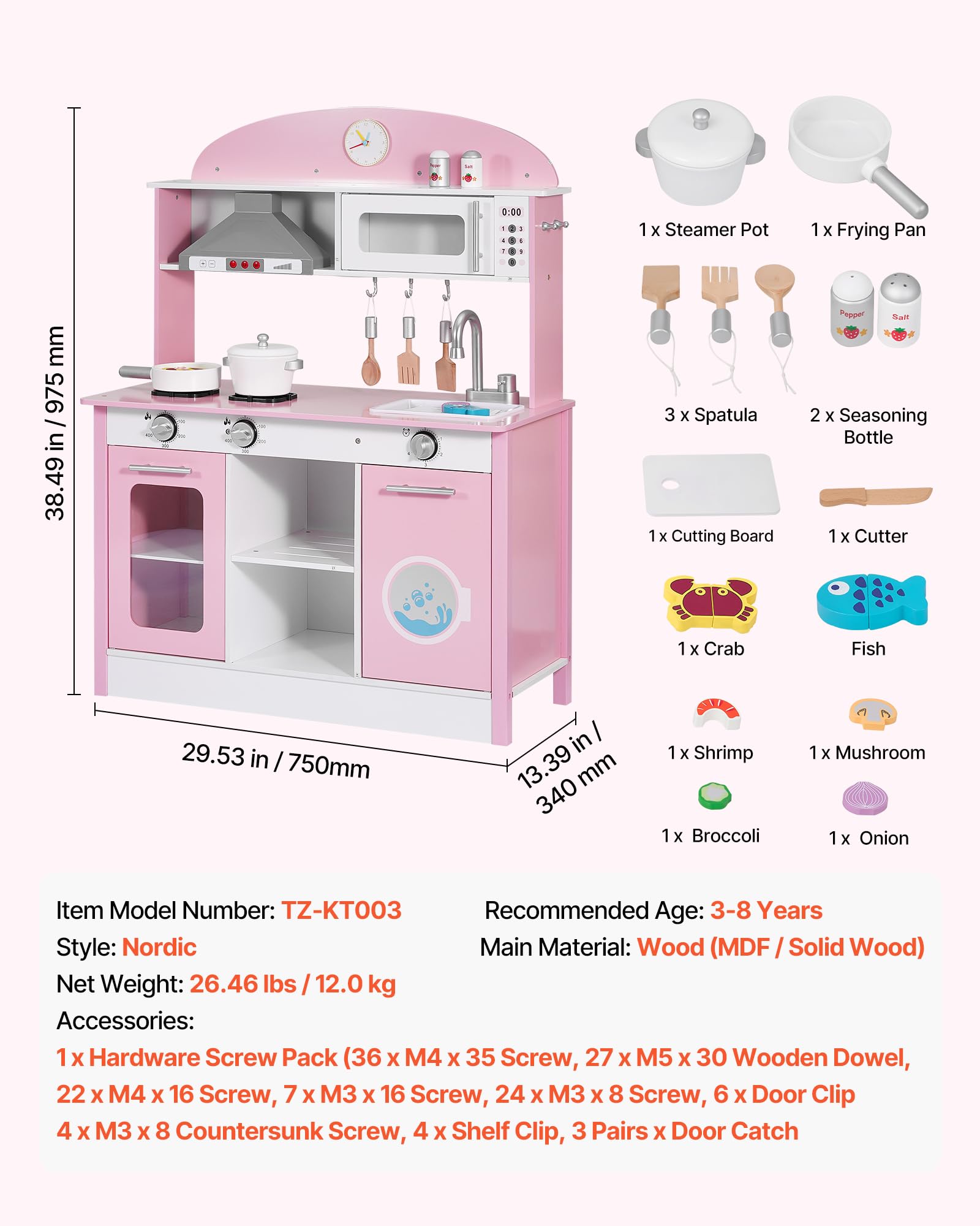 VEVOR Cucina Giocattolo per Bambini in Legno, con Luci e Suoni Realistici, Accessori Cibo e Pentole, Macchina per Ghiaccio, Cappa Aspirante e Forno a Microonde, Gioco di Ruolo, per Bambini 3-8 Anni