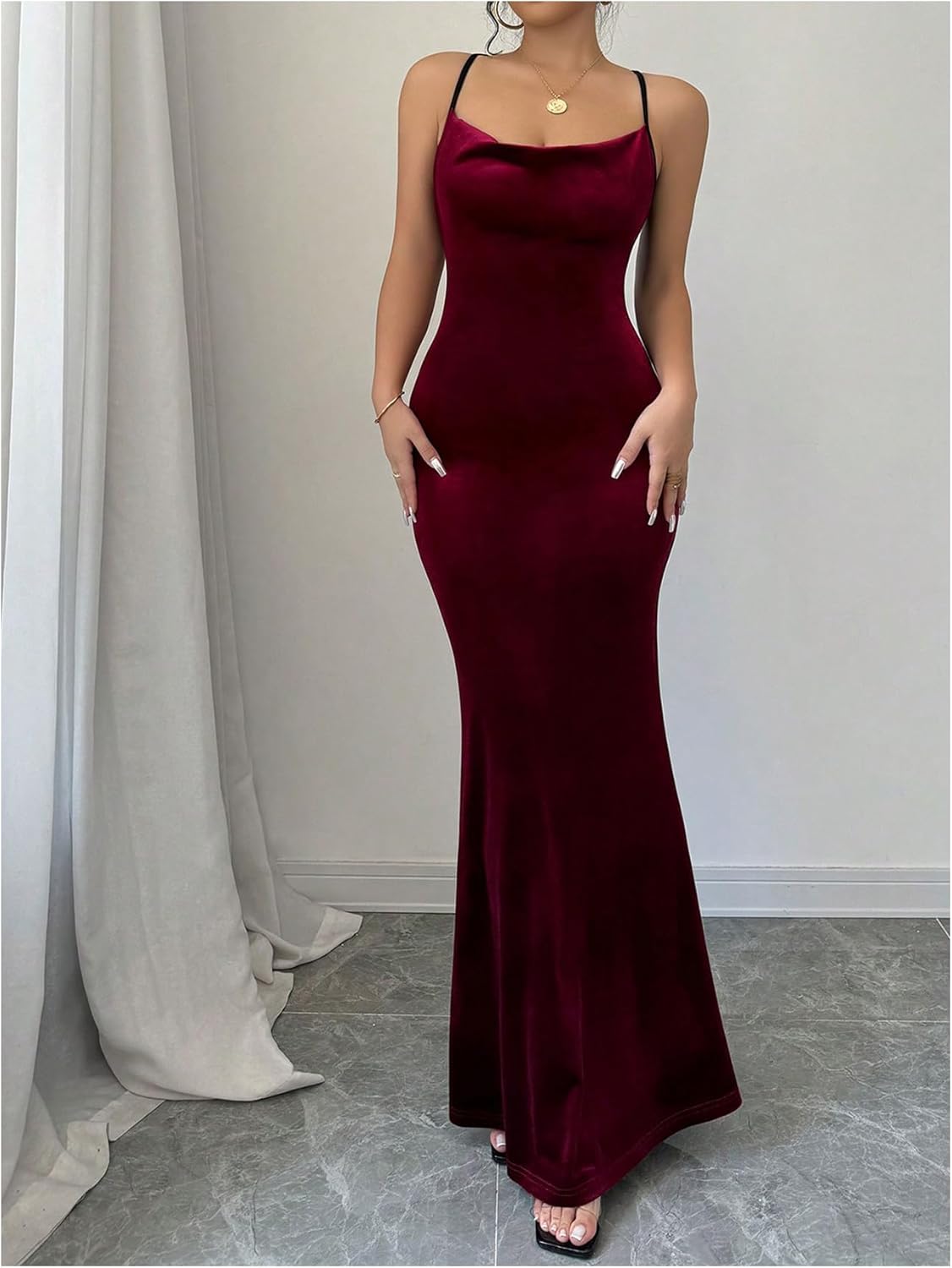 SHENHE Women's Velvet Maxi Dress Cowl Neck Criss Cross Low Back Sexy Bodycon Long Dress Wedding Guest Party - Image 6