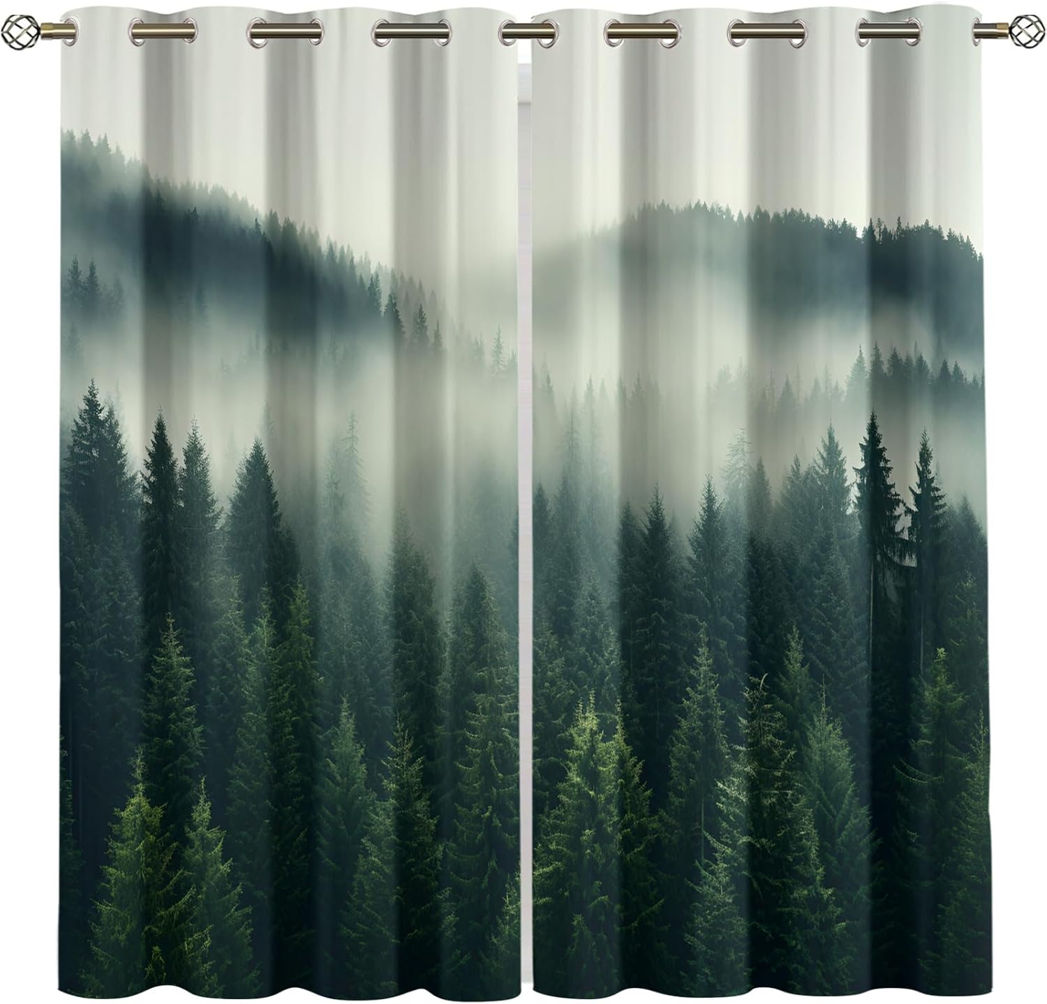 Foggy Forest Printed Curtains & Home Decor, Smoky Forest Blackout Curtains for Bedroom 40 inch Long, Woodland Landscape Grommet Thermal Curtains 2 Panels Set
