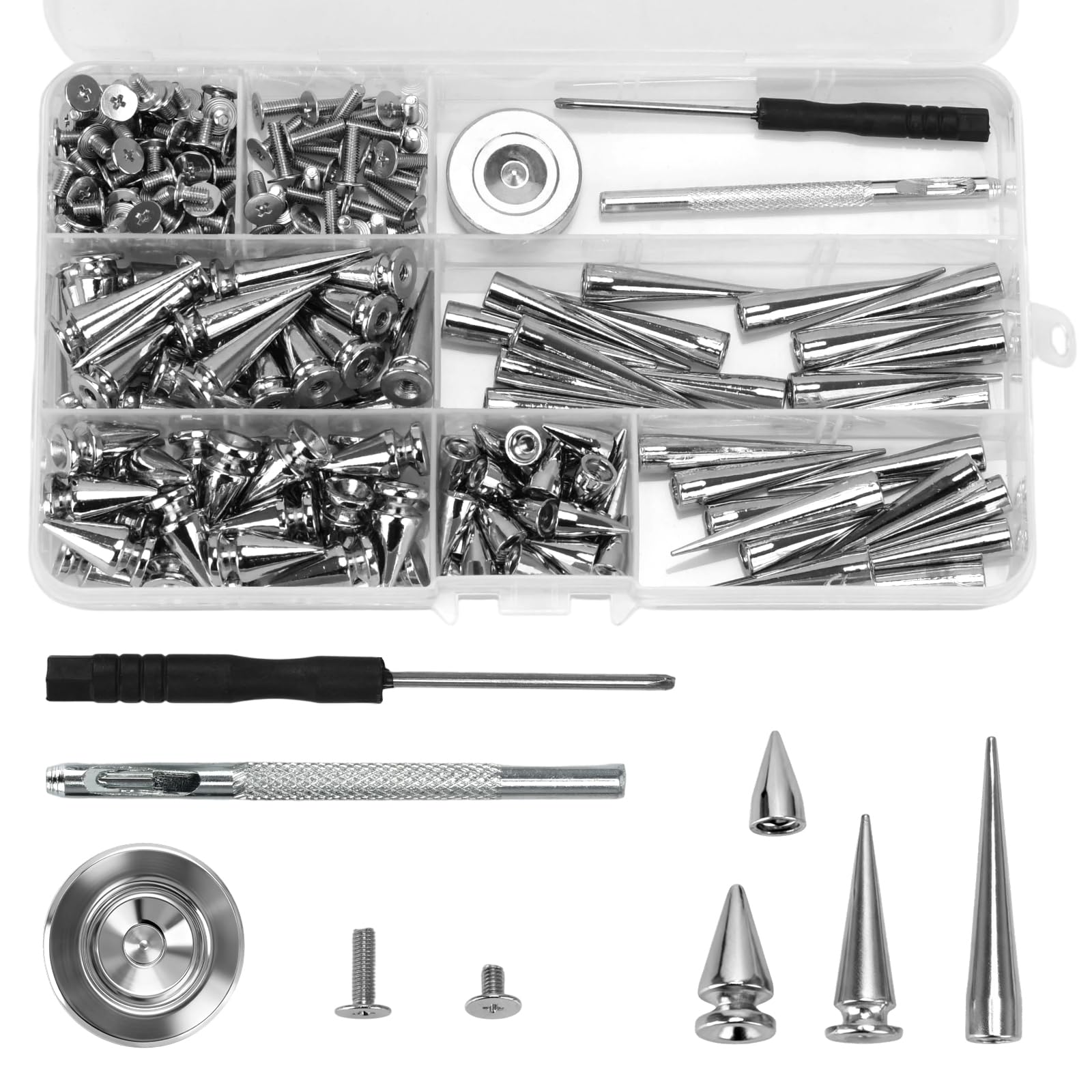 100 Sets Mixed Shape Zinc Alloy Spikes and Studs, Assorted Sizes Silvery Screw Spikes Rivet for Leather Craft ClothingShoes Belts Bags Dog Collar