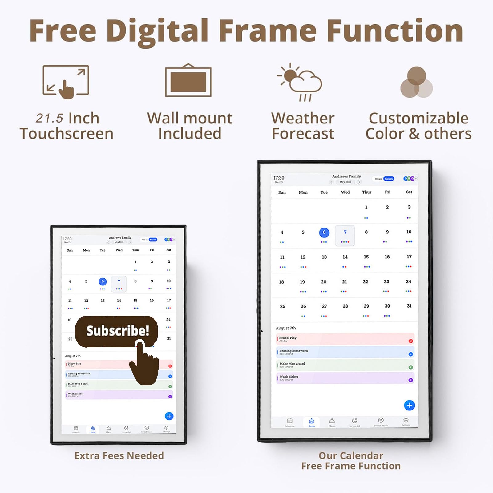 Sxhlseller 21,5-Zoll-Smart-Digitalkalender, WLAN-Touchscreen-Familienplaner mit Zeitplansynchronisierung und Digitalem Fotorahmen Zur Wand- oder Schreibtischmontage, Schwarz 100-240 V (EU-Stecker