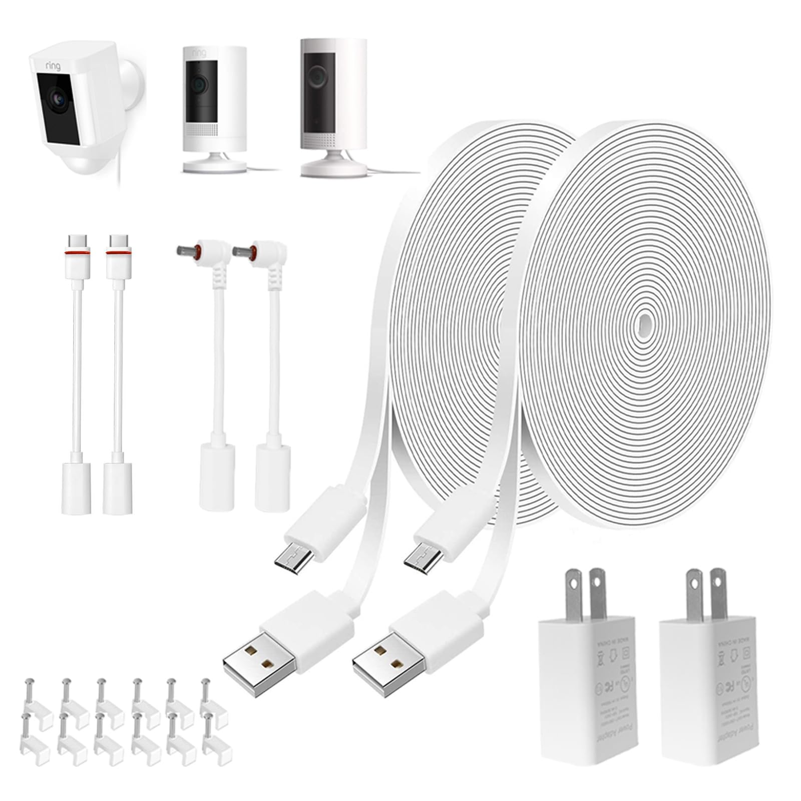 Zasilacz i kabel do kamery zewnętrznej Ring (Stick Up Cam)/Pro/Plus (bateria), Ring Spotlight Cam/Pro/Plus (bateria), odporny na warunki atmosferyczne przewód zasilający do ładowania z ładowarką, 2