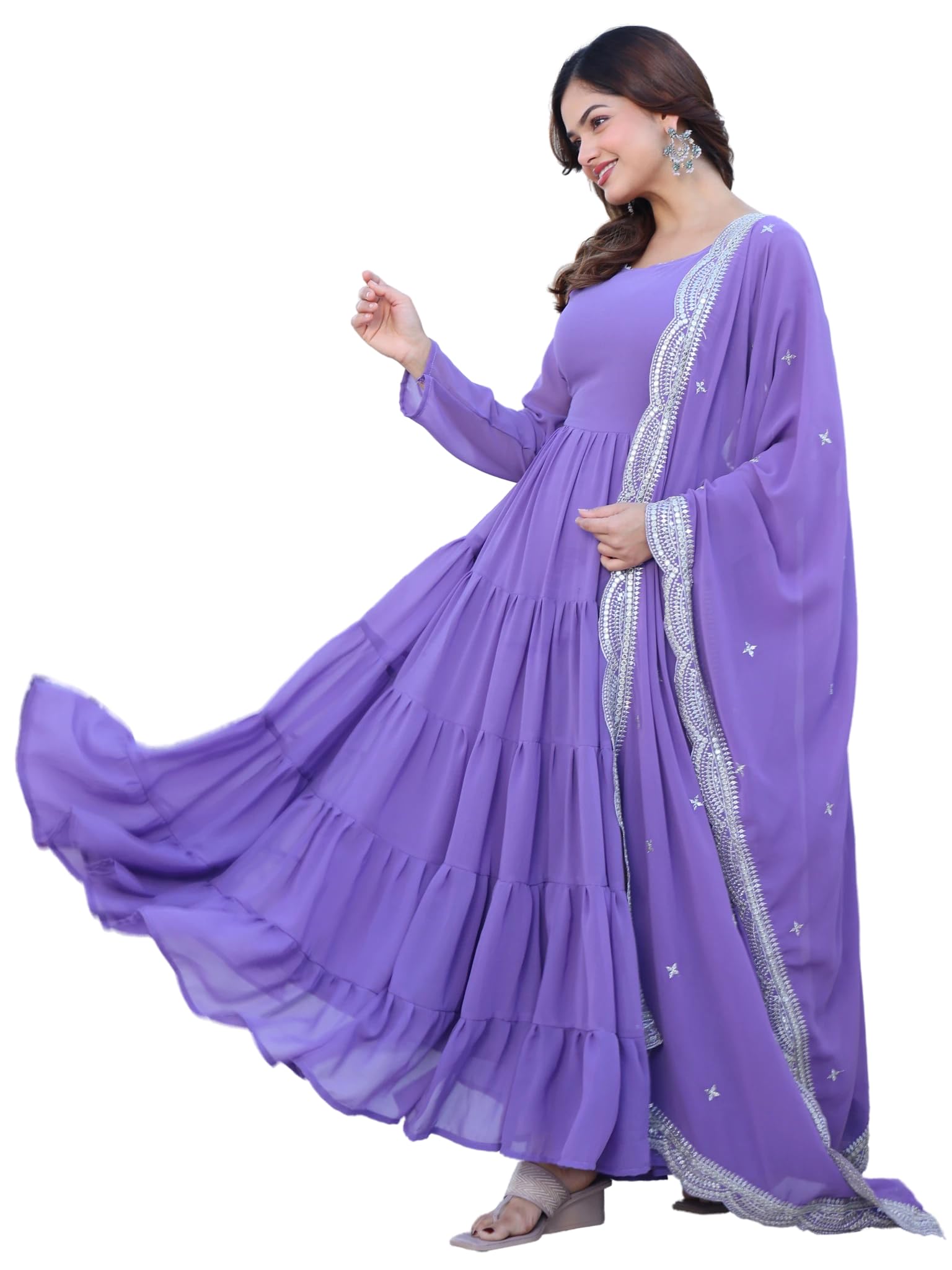 Fashion Basket Women's Georgette Solid Anarkali Dress Lavender