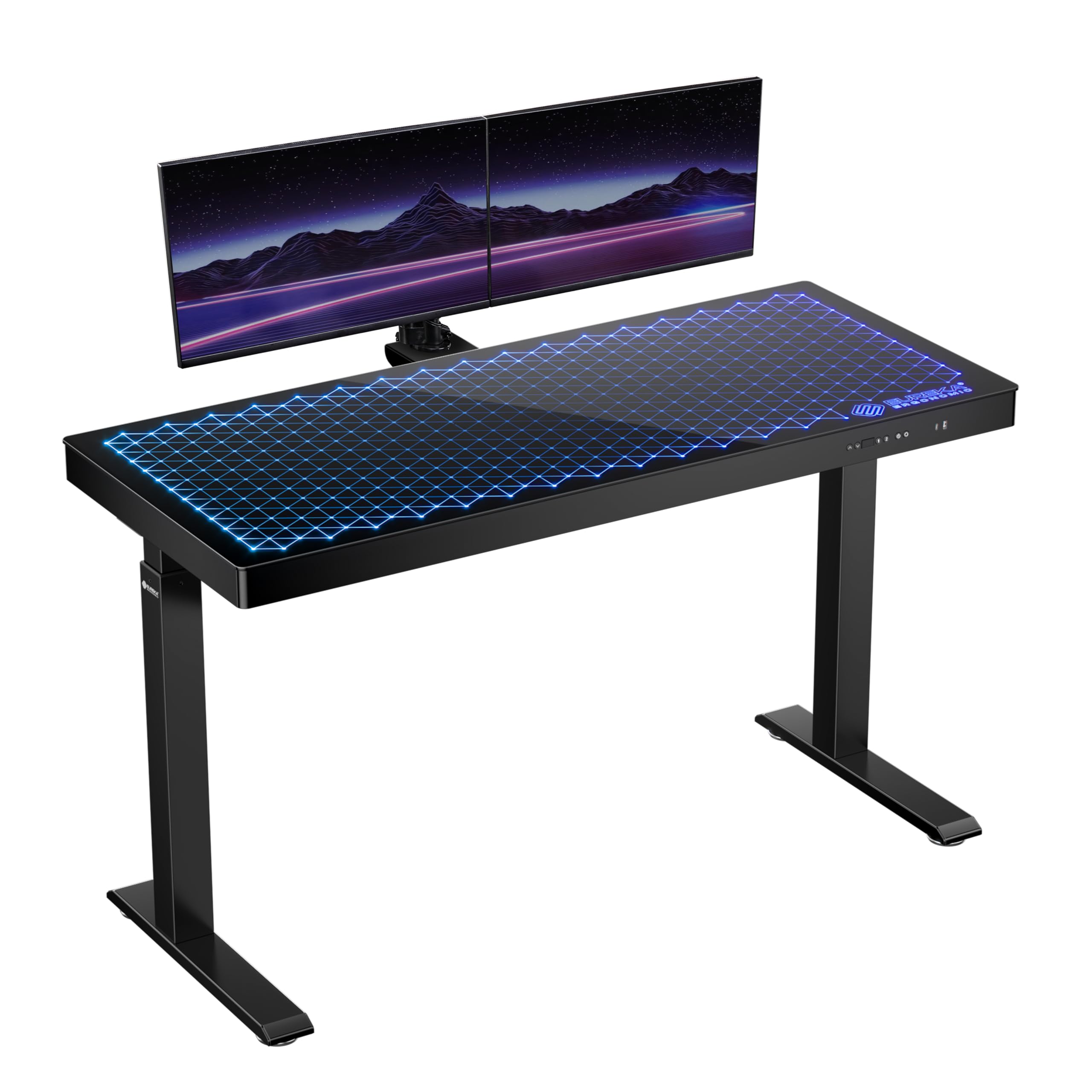 EUREKA ERGONOMIC Gaming Desk RGB Lights Height Adjustable 55 Inch Computer Table Home Office Standing Desk Glass Desk Music Sensing, Dual Motors,USB