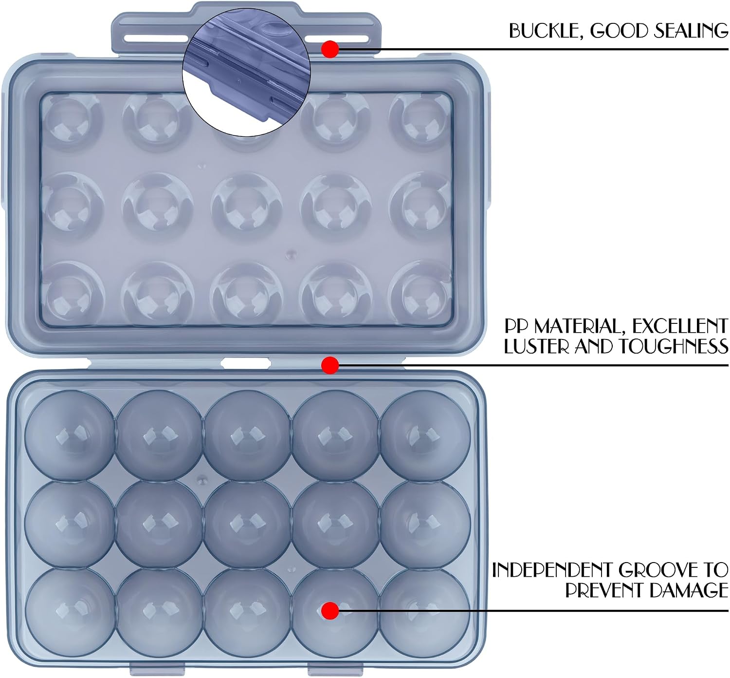 Portable Stackable Egg Storage Box, 2-Pack 15-Count Egg Holders with Lids for Refrigerator, Travel & Camping, Blue PP Egg Tray Organizer