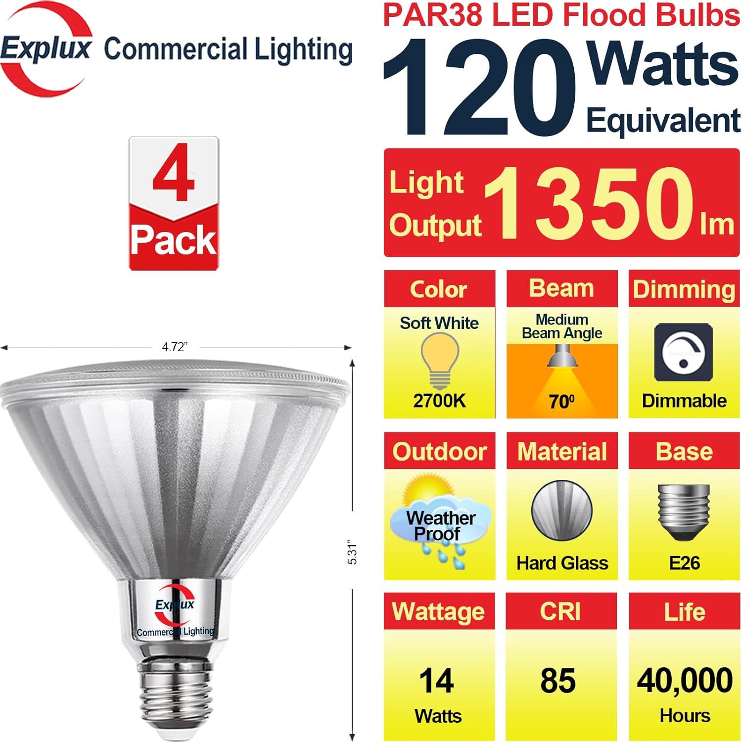 Explux Commercial-Grade LED PAR38, 120W Equivalent, 1350 Lumens, 40000 Hours, Classic Full Glass Flood Light Bulbs, Dimmable, Waterproof & Anti-Ageing, Soft White 2700K Spotlight, 4-Pack