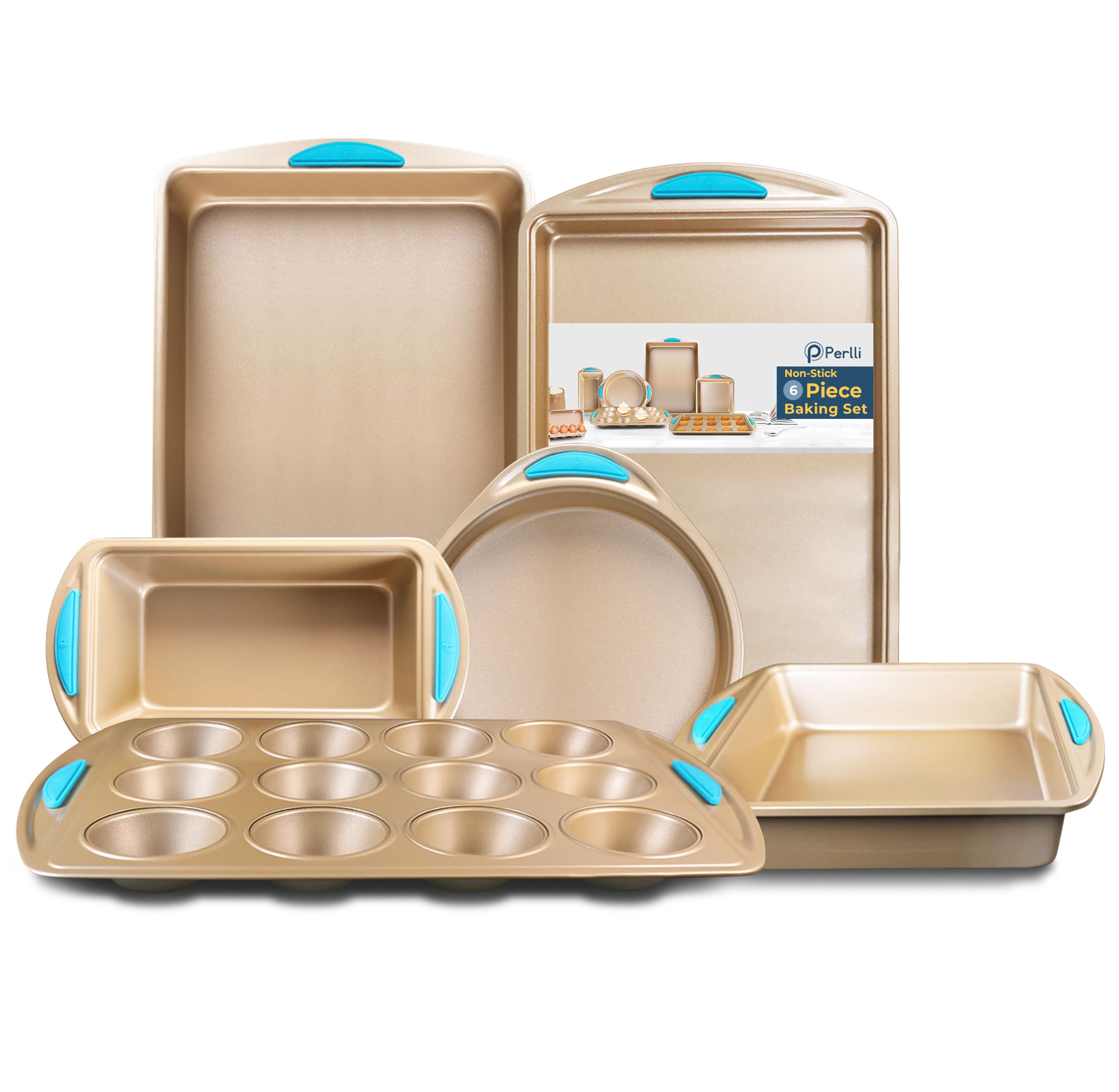 Baking Kit: Nonstick Gold Steel Oven Set - 6 Pieces, Round Cake Pan, Loaf Pan, Square Pan, Muffin Pan, Cookie Sheet, Roaster - Silicone Handles