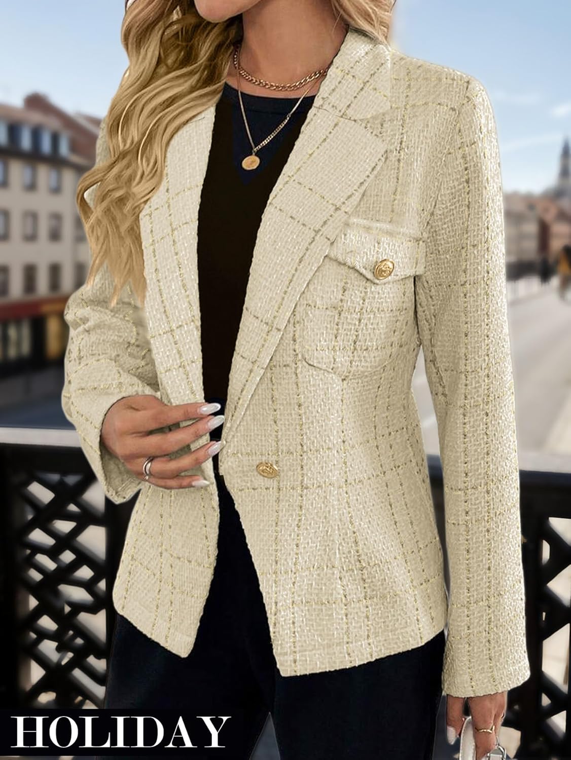 Mina Self 2026 Spring Women's Tweed Blazer Plaid - Slim Fully-Lined Petite Fashion Casual Work Office Suit Jacket with Pocket - Image 4