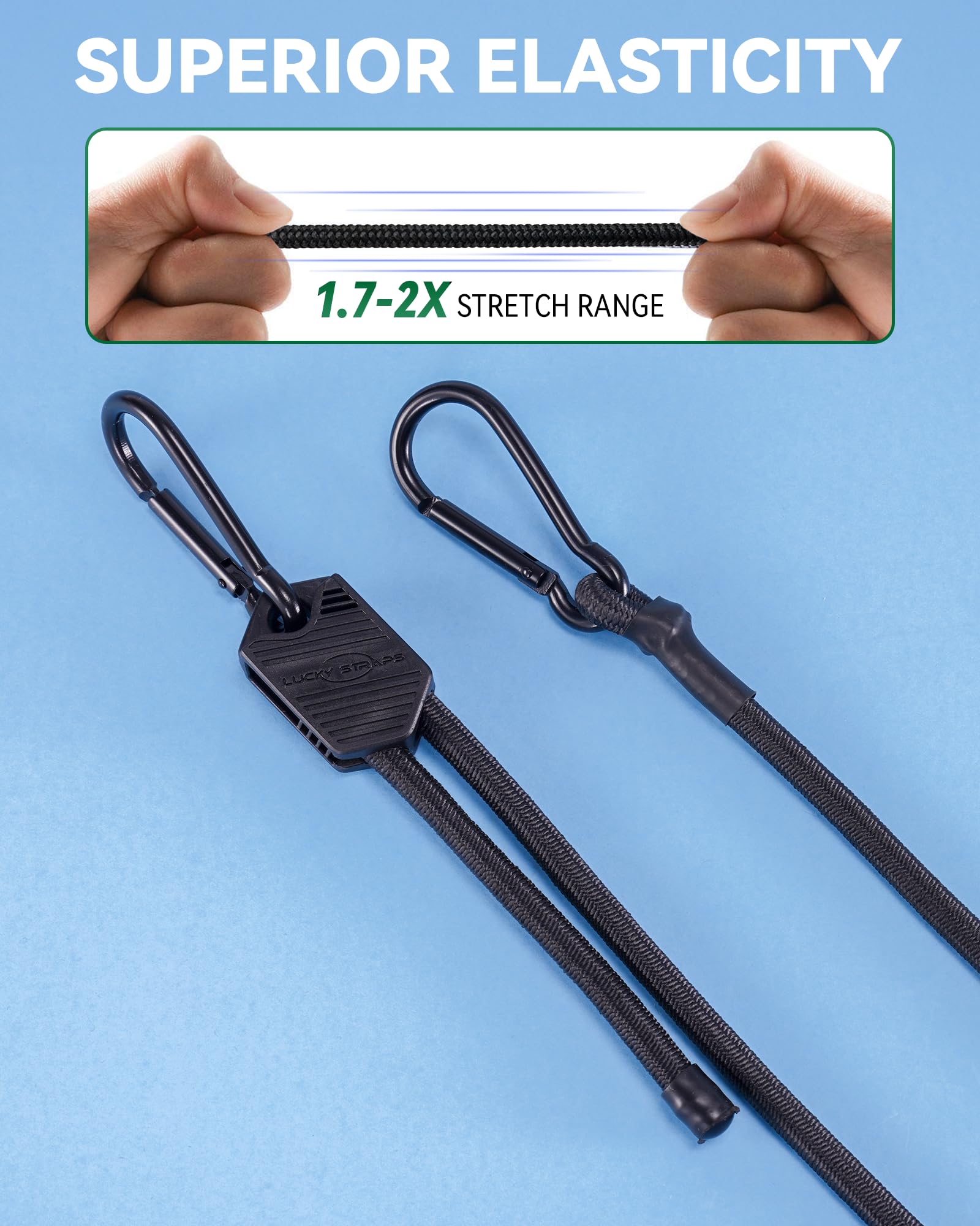 Verstellbare Karabiner-Spanngurte, verschiedene Größen mit Haken, einfach zu verstellen, schwarze Bungee-Gurte mit verbessertem Design und hervorragender Elastizität für Fracht, Gepäck, etc