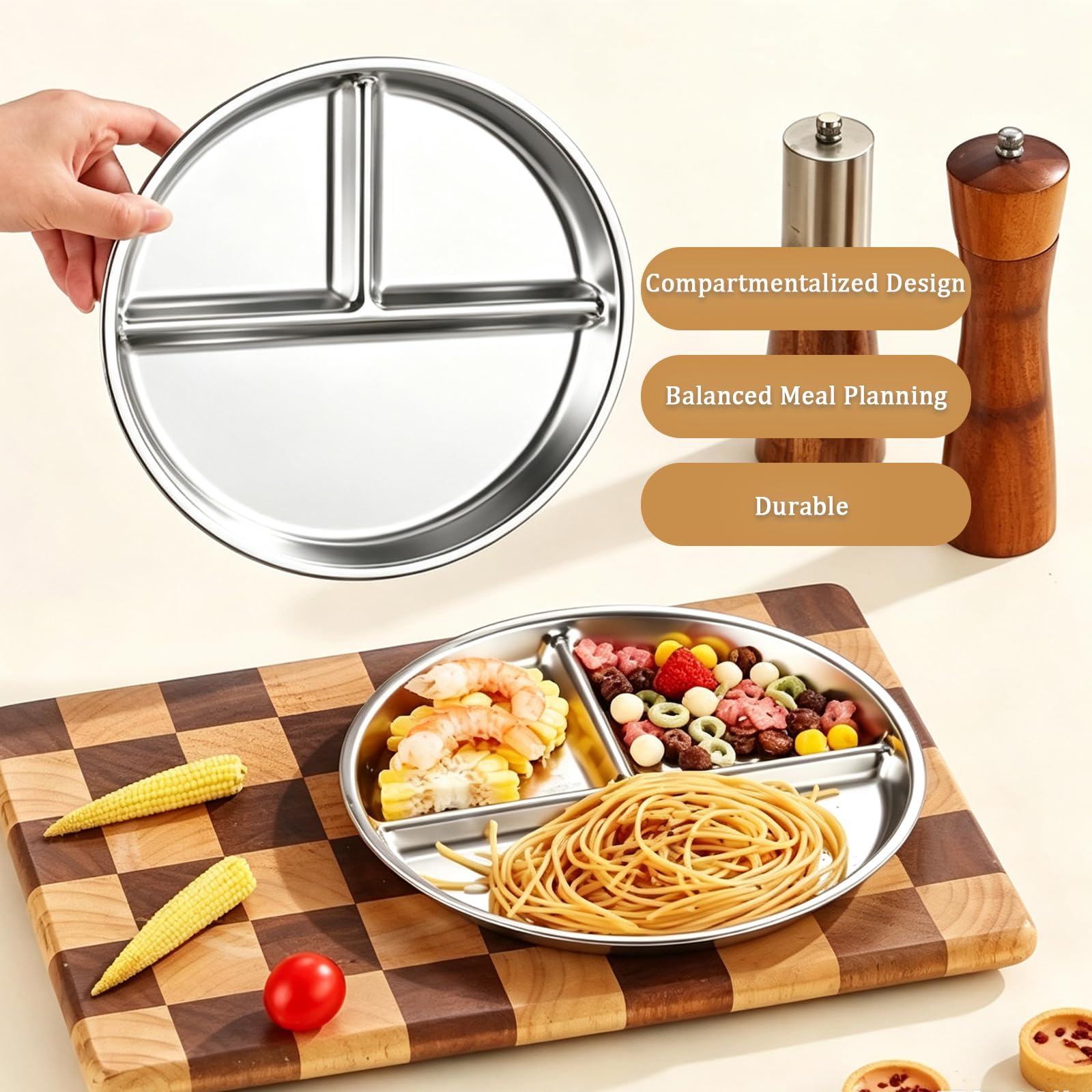 JAWAI 4 Pièce Assiette Inox, Assiettes Divisées en Acier Inoxydable 23 cm | Inox, 4 Pièces, Compartimentées, 23 cm