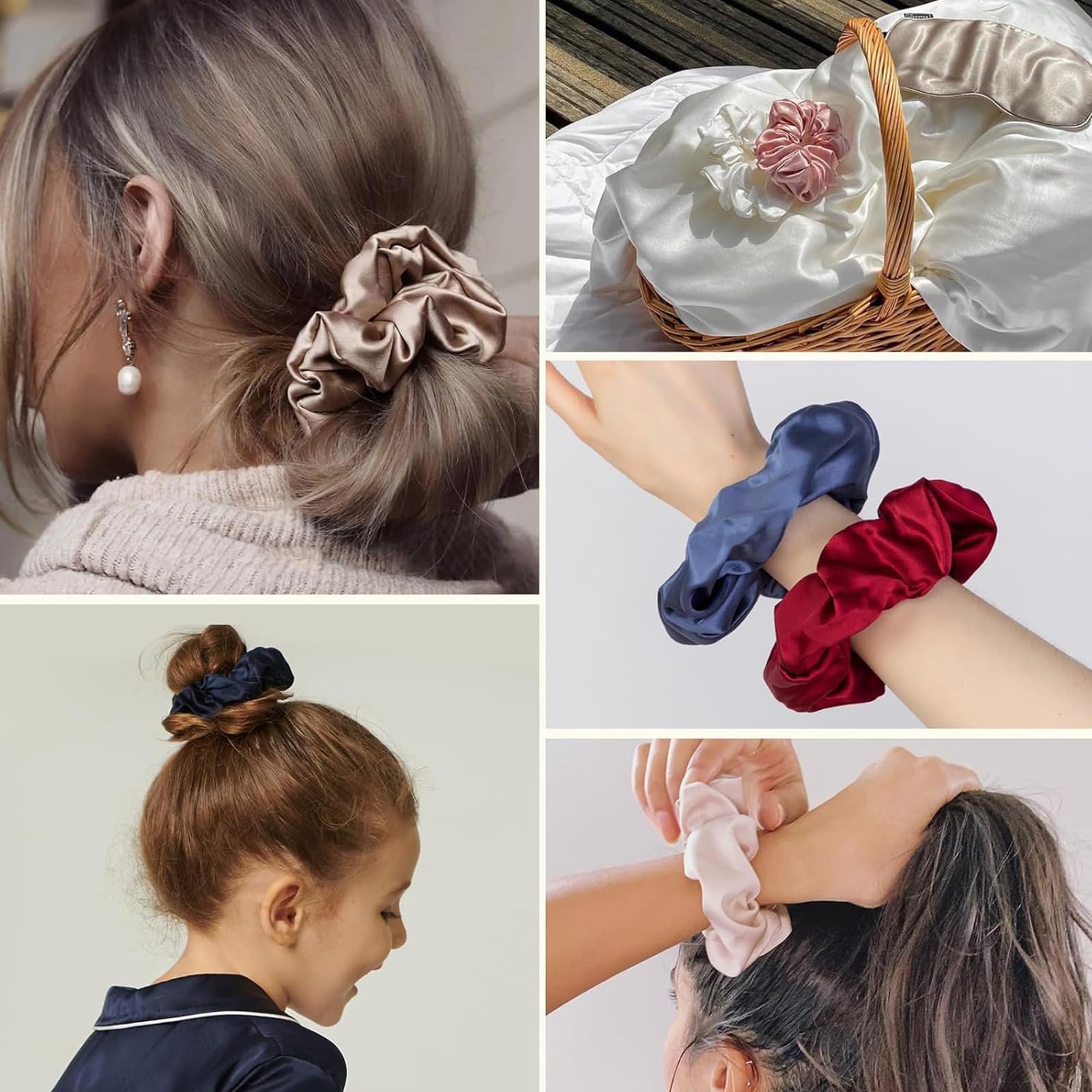 2 pcs Silk Hair Scrunchies for Frizz Prevention Mulberry Silk Hair Ties for Breakage Prevention Elastic ponytail Holders(1 Black+1 champagne) - Image 4