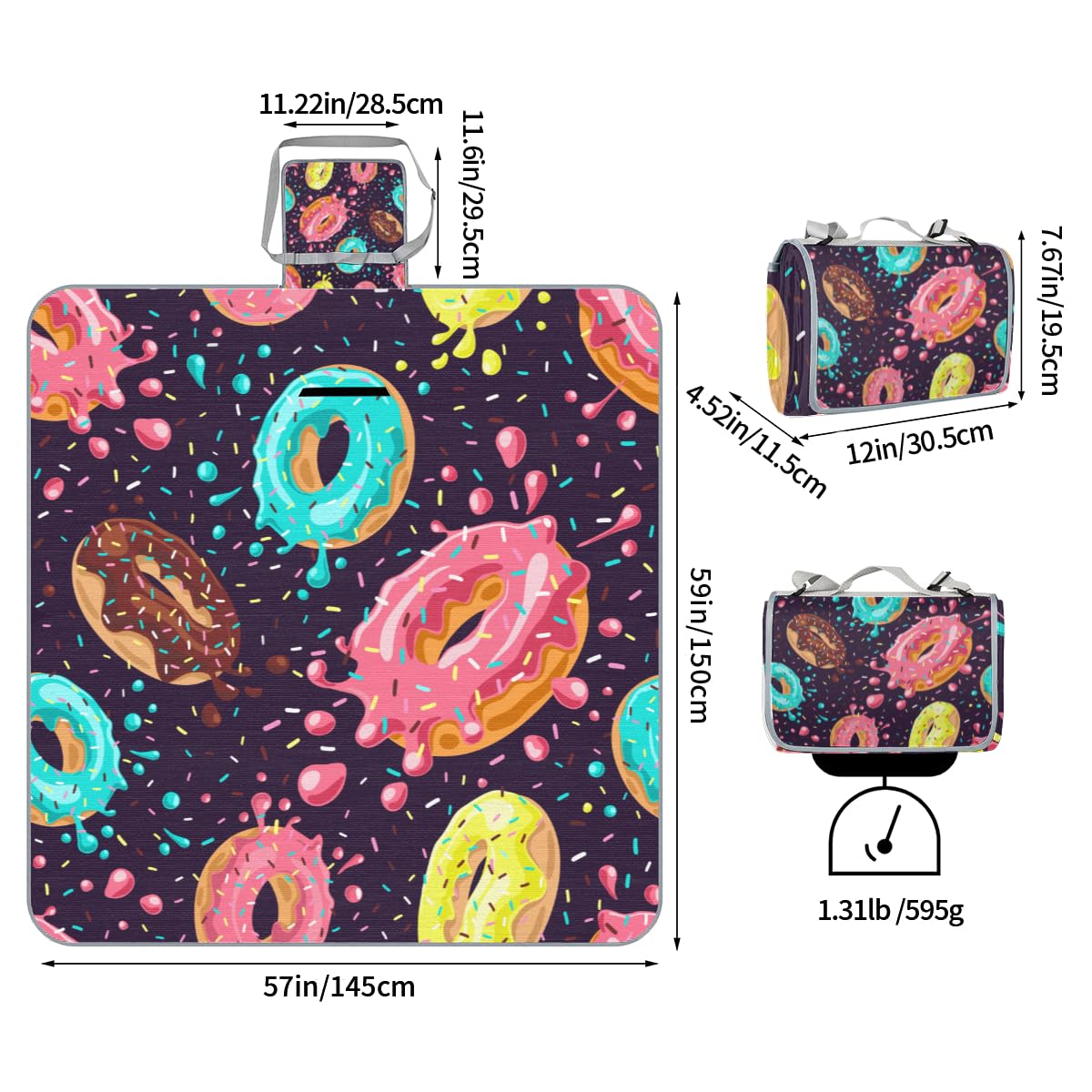 Shimoshe Picnic Blankets 57”x 59”, Colorful Glazed Donut Waterproof Sandproof Picnic Mat Lightweight Foldable Beach Blanket for Camping Park Grass Beach Outdoor Blanket