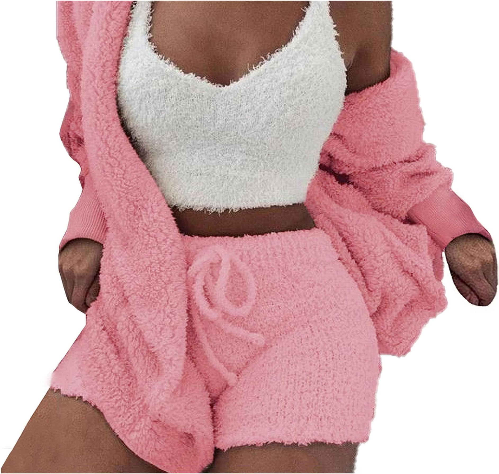 Women's Sexy Fuzzy 3 Piece Outfits Fleece Warm Hooded Cardigan Crop Top Shorts Set Pajamas Loungewear