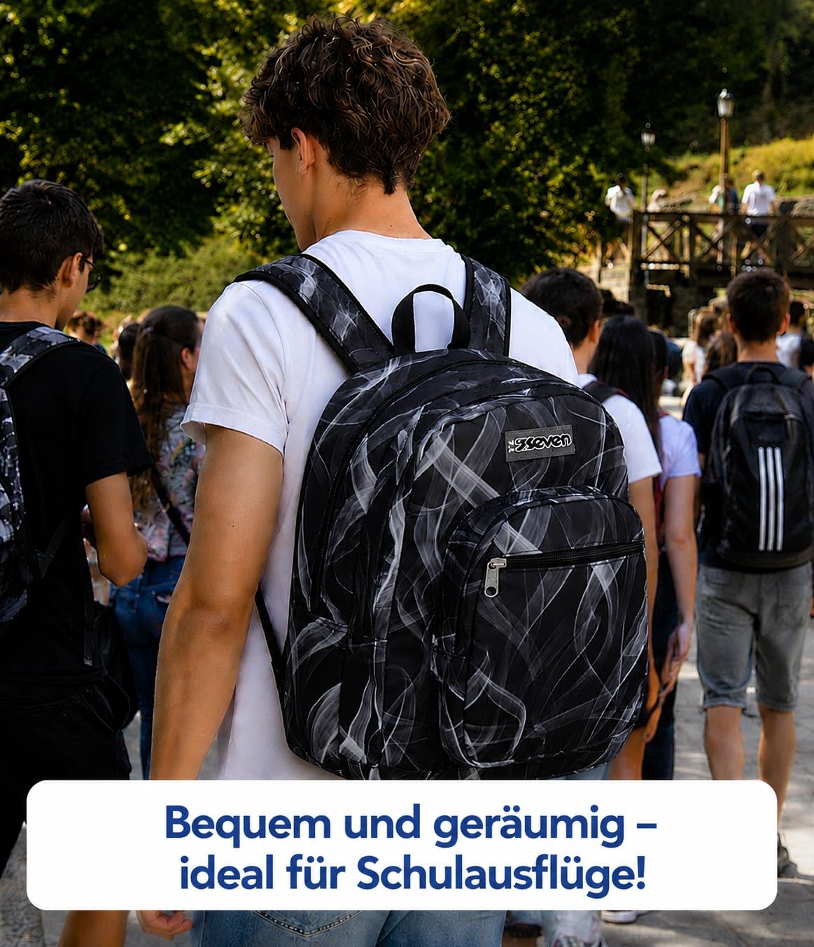 Seven Freethink Schulrucksack, Schulranzen 5 Klasse Jungen, mit Trinkflaschenfach und Doppelfach, Gepolsterte Schultergurte, schwarz/grau
