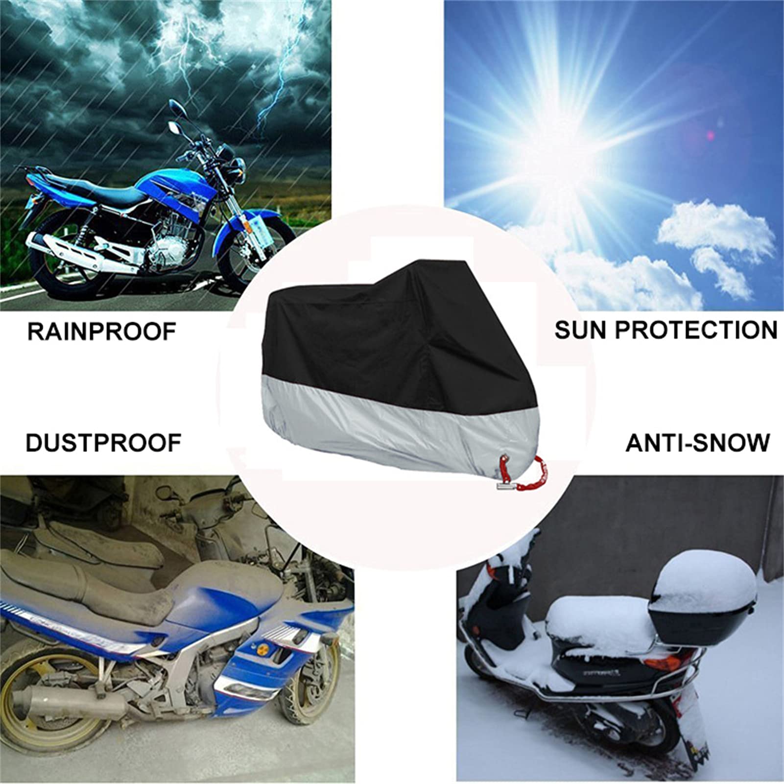 Pokrowiec na motocykl, pokrowiec przeciwdeszczowy na motocykl 210D poliester wodoodporny odporny na promieniowanie UV ptak ochrona na zewnątrz z otworami na zamek torba do przechowywania (czarny, 3XL)