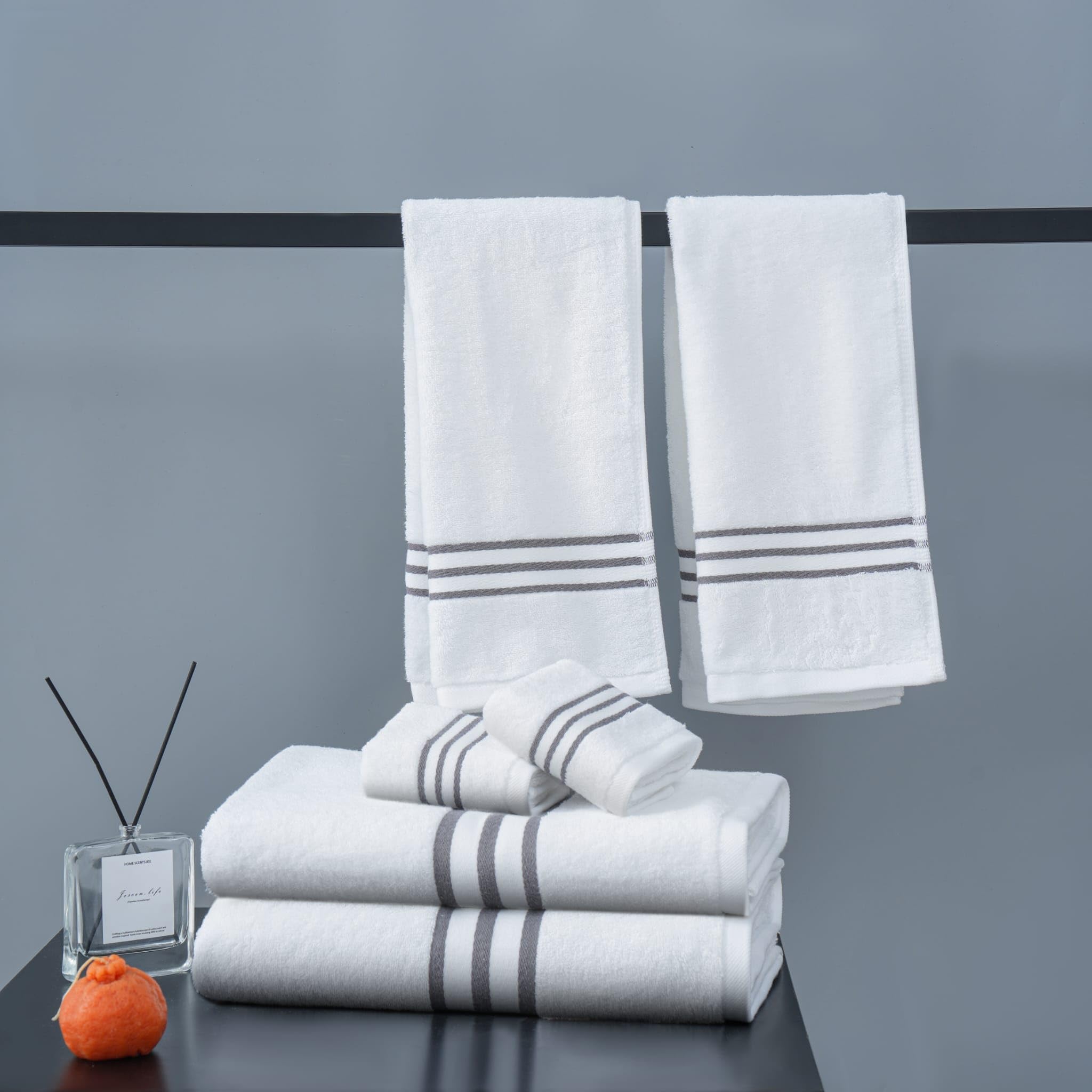 SALARD Large Set of 6–pcs Turkish Bath Towels -100% Luxury Cotton Extra Soft White with Grey Stripes Towels for Bathroom (2 Bath Towels, 2 Hand Towels, 2 Washcloths)