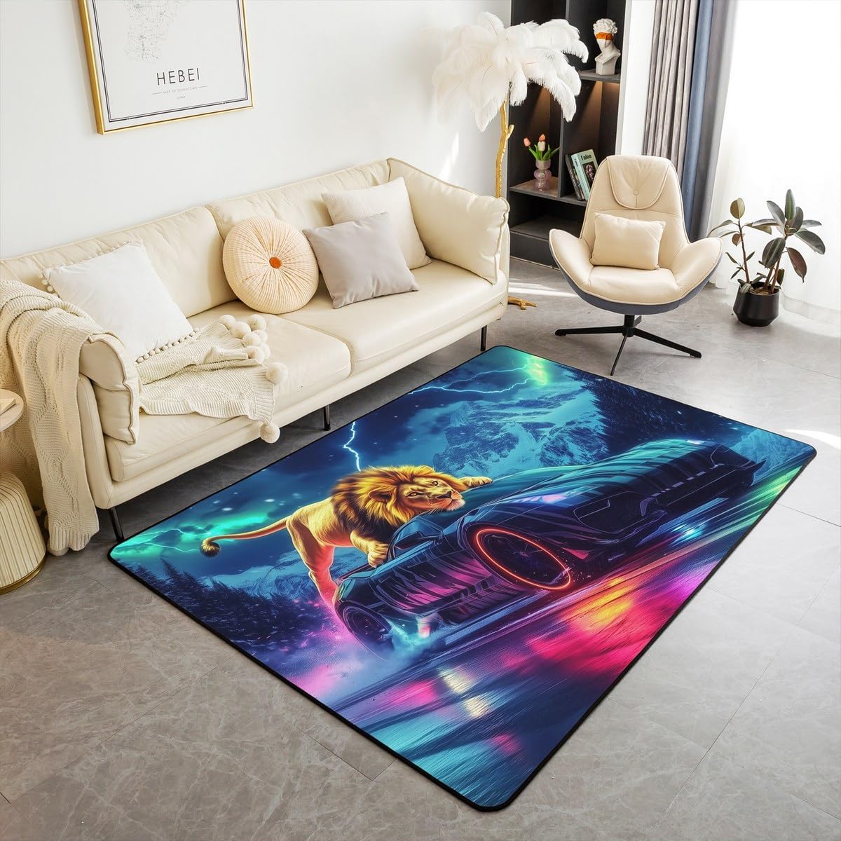 Manfei Lightsaber Kids Area Rug,Neon Lines Abstract Geometric Indoor Floor Mat Entrance Rug,Science Fiction Light Saber Sword Non Slip Rug,Red Blue Chairs Couch Living Room Decor,3'x5'