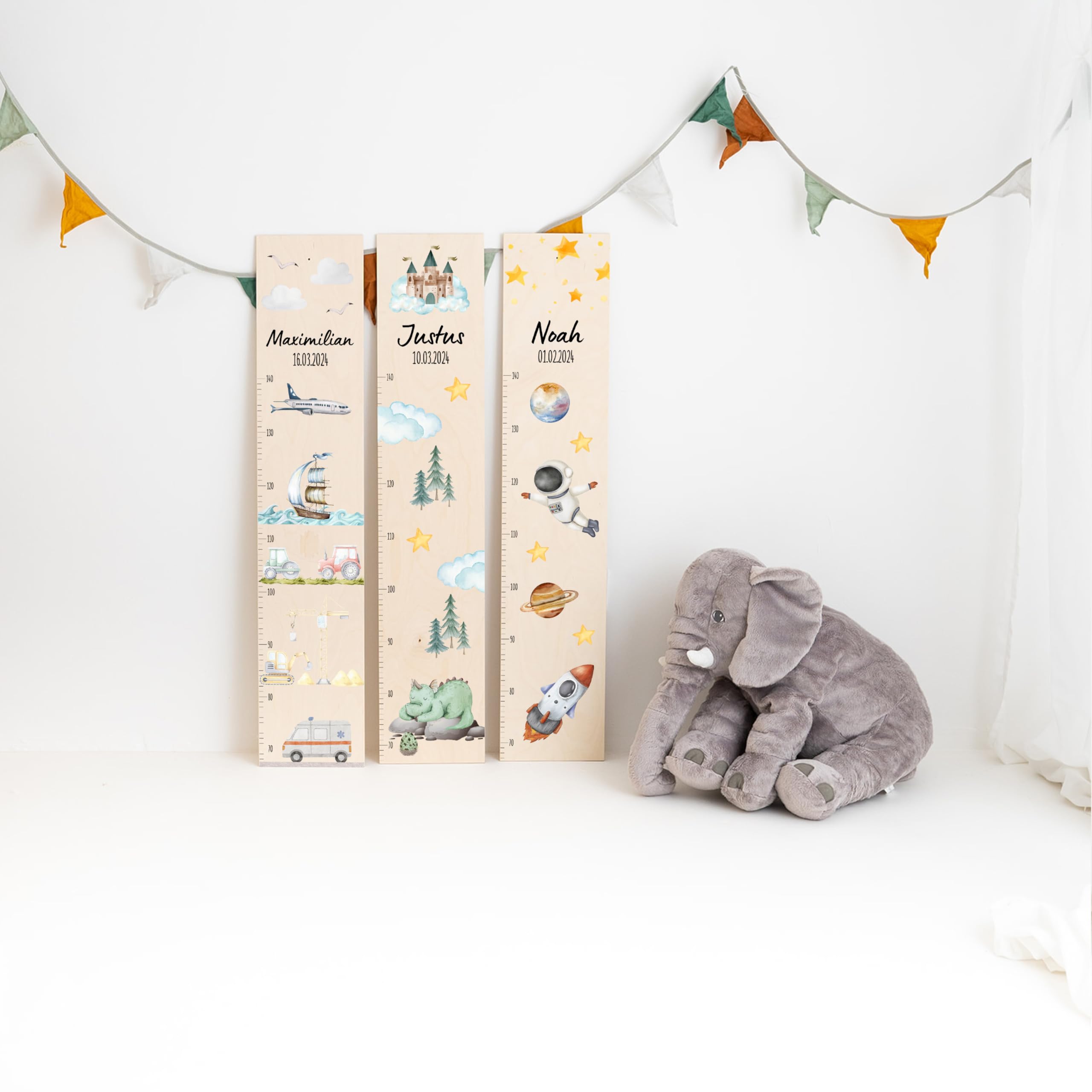 Bärenfreunde® - Personalisierte Messlatte Kind Holz zum Kleben oder Aufhängen - Skala 70-140cm - Süße Dekoration für Baby- & Kleinkinderzimmer (Kinder 70-140cm, Fahrzeuge)