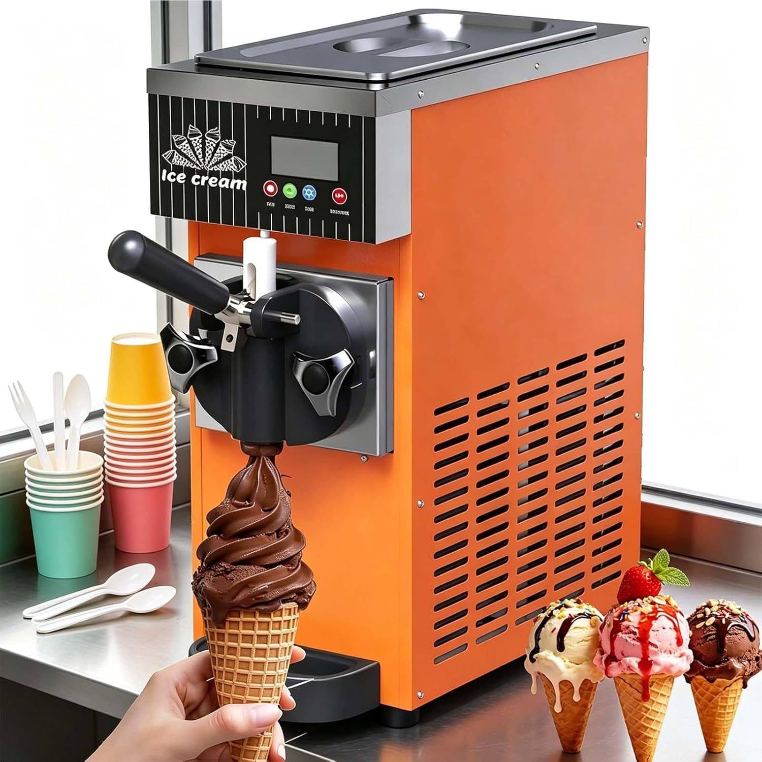 XUXIAO Commercial & Home Soft Serve Ice Cream Maker, LCD Panel Soft Serve Maker Single Flavor Soft Serve Ice Cream Machine, for Snack Bars Restaurants Orange