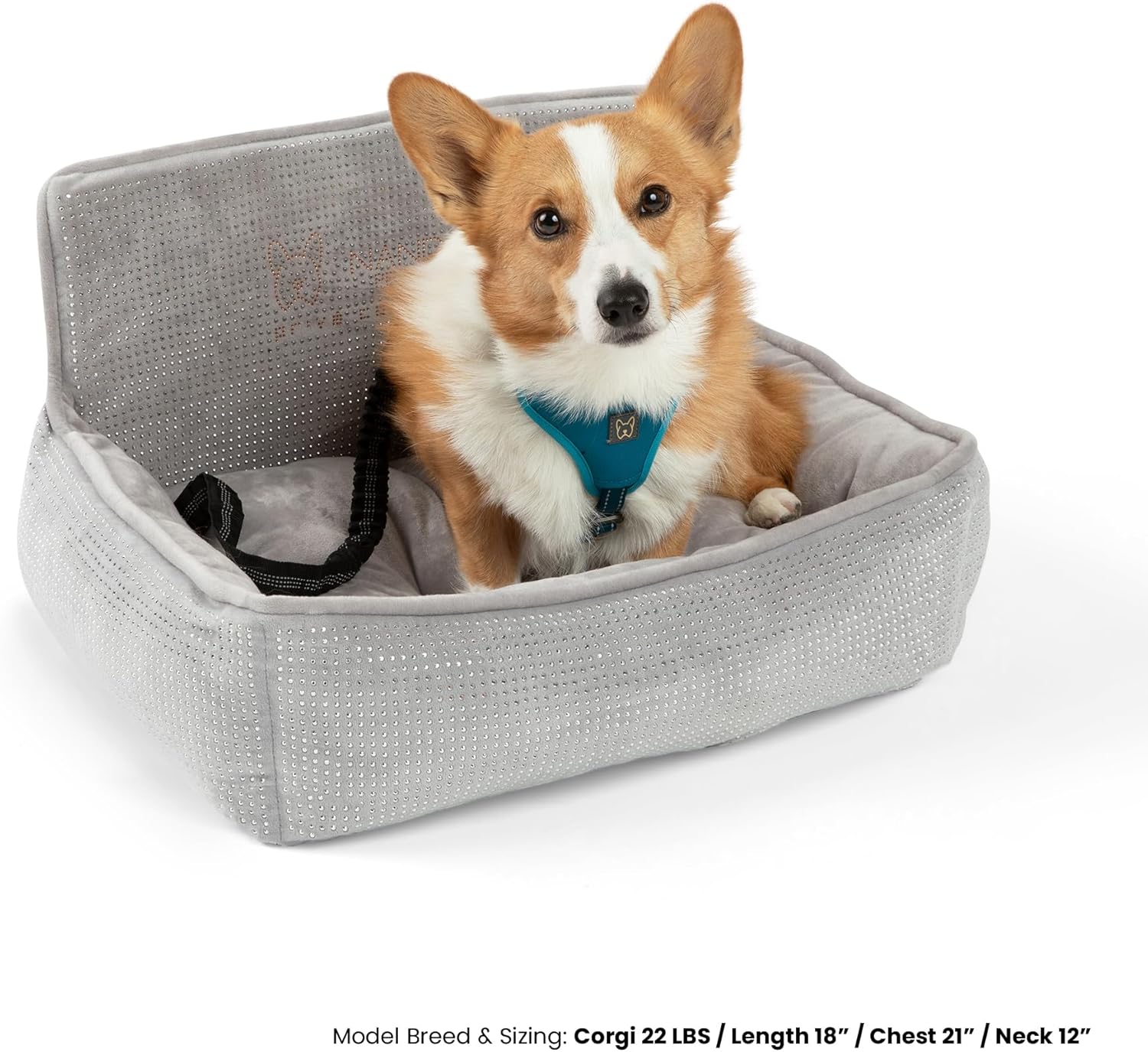 Nandog Pet Gear Luxury Dog Car Seat Bed w/Removable & Washable Pad Insert & Thick Car Seatbelt Straps- Secure, Comfortable, Easy-to-Clean Pet Carrier (Bling Light Gray)