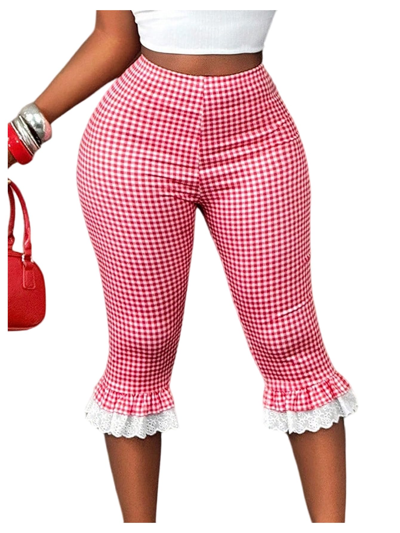 Milumia Womens Plaid Print Capri Leggings High Waisted Lace Trim Skinny Cropped Pants
