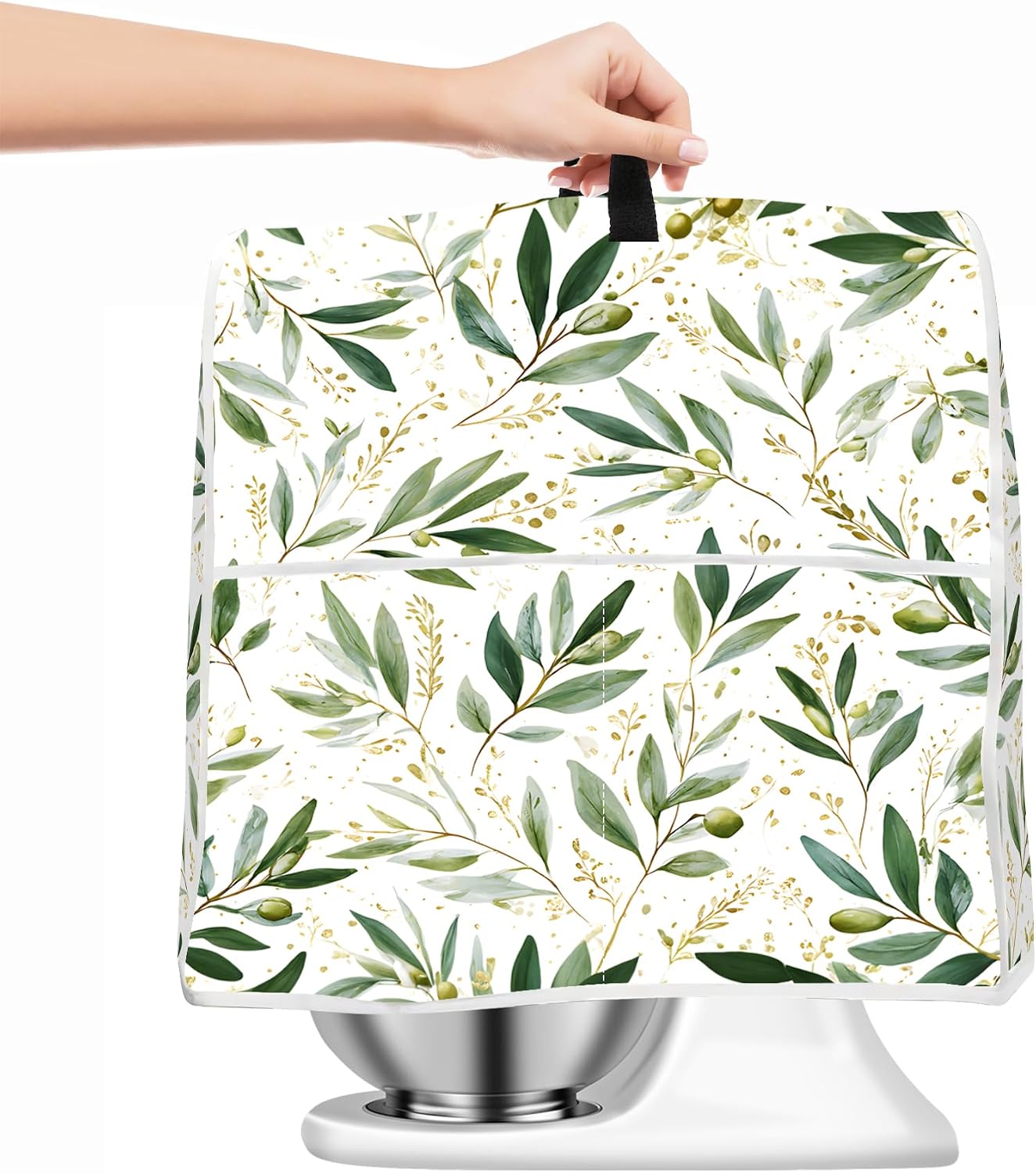 Kitchen Dust Cover Compatible with 4.5 5 6 8 quart Stand Mixer, Kitchen Appliance Protective Covers with Top Handle and Pocket (Green Leaves, For 4.5 qt and All 5 qt Mixer)