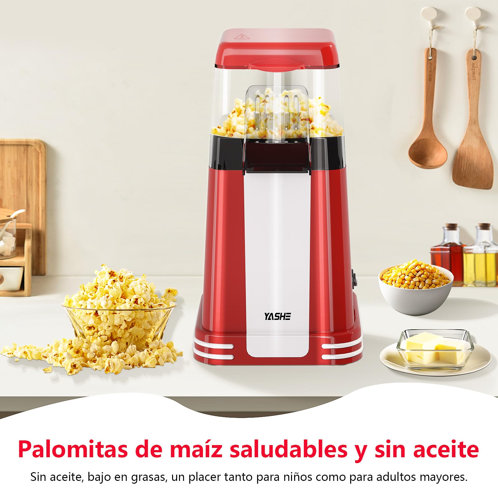 YASHE Máquina de Palomitas Retro, 1200 W Palomitero de Aire Caliente con Vaso Medidor, Un Toque, Sin Aceite, Perfecto para Cine en Casa, Noches de Película, Fiestas