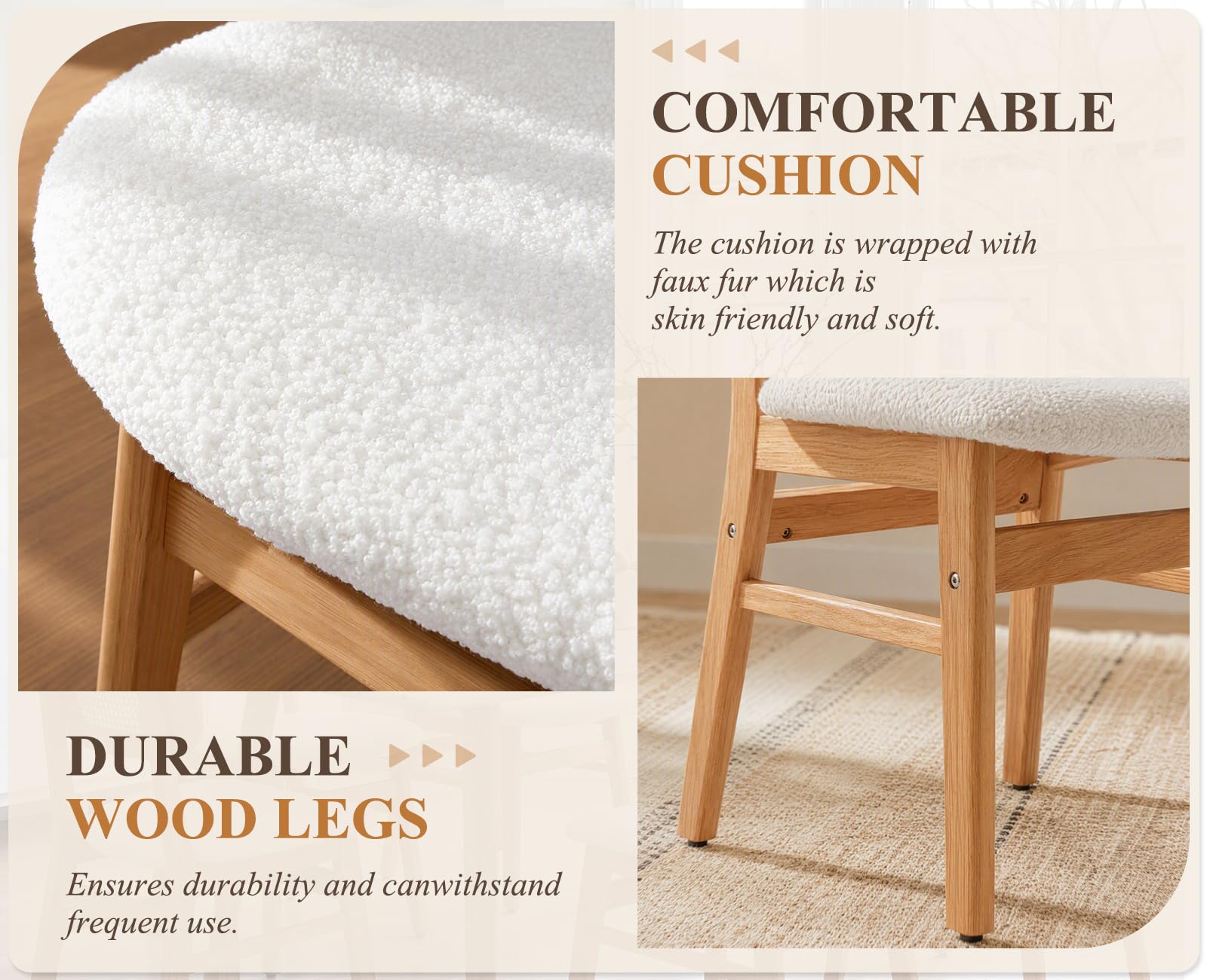 Ya-Home Juego de 2 Sillas de Comedor de Madera Cojin Lana sintética, Beige | Silla Cocina Rattan,Lana sintética, Patas y Respaldo Madera, Cojin Comodo, para Hogar/Restaurante