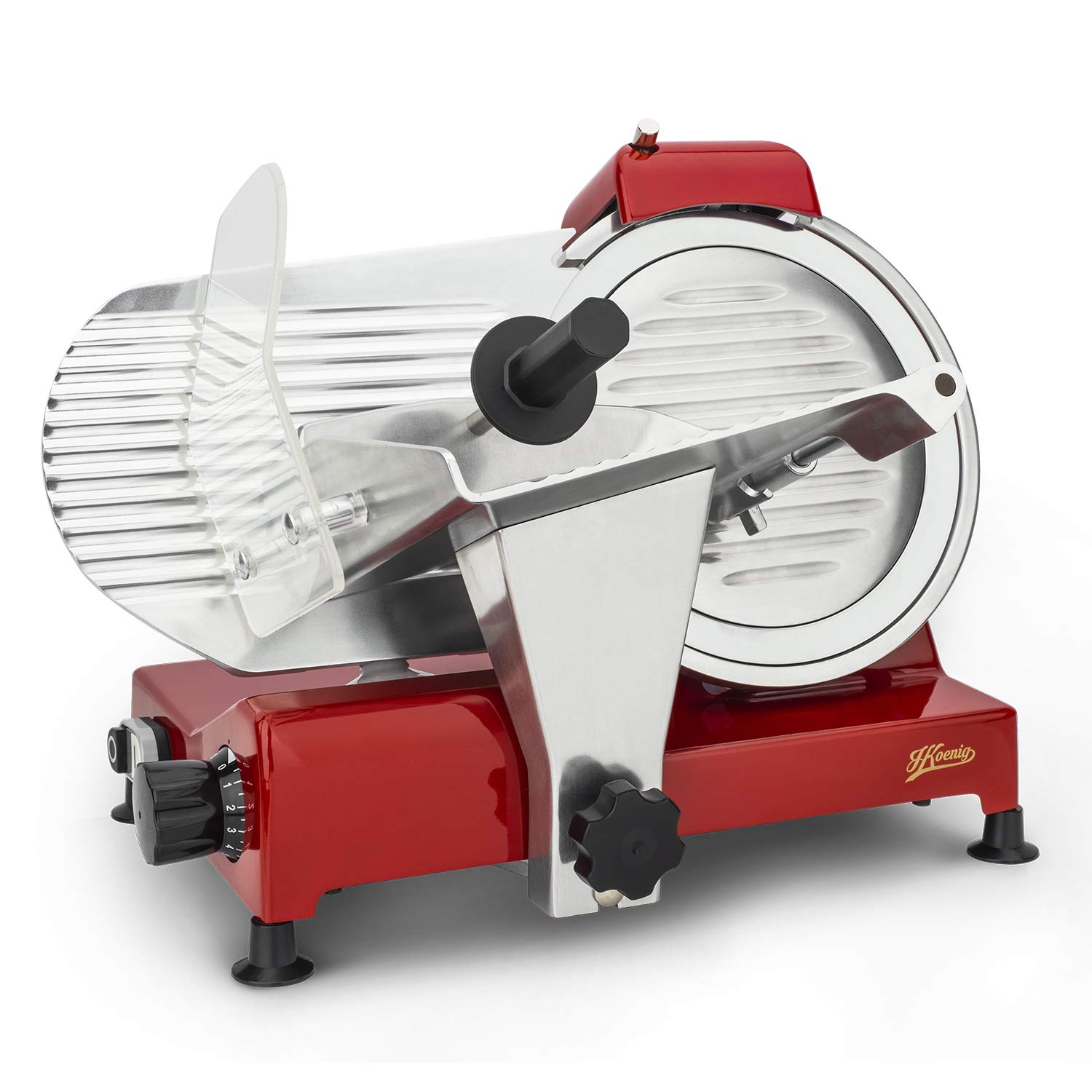 H.Koenig Elektrischer Fleischschneider MSX254, Wurstwaren, professionell, präzise,Schnitt 0-12 mm,Klinge 25 cm,eingebauter Schärfer,breite Platte,282 rpm, Rot