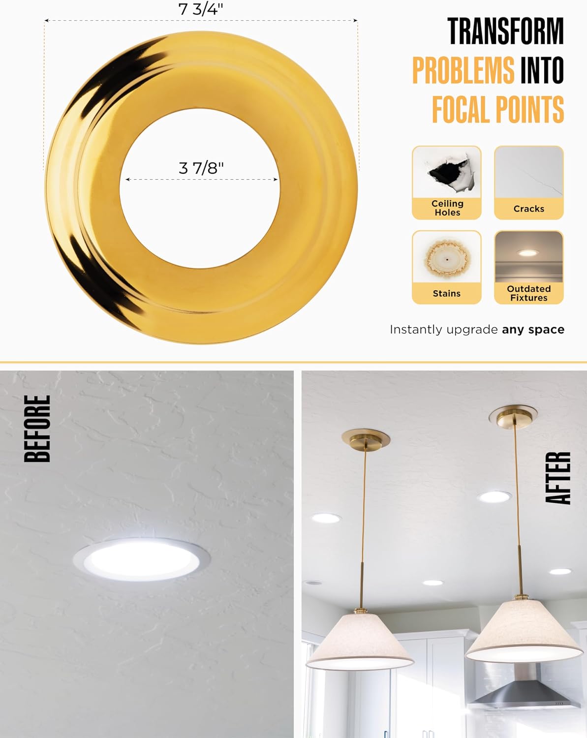 The Can Converter R56 Recessed Can Light Conversion Kit w/ 7"¾ Flat & Beveled Ceiling Medallion - Home Improvement for 5" & 6" Cans, Fan & Light Fixture Converter Kit, UL Certified, Polished Gold