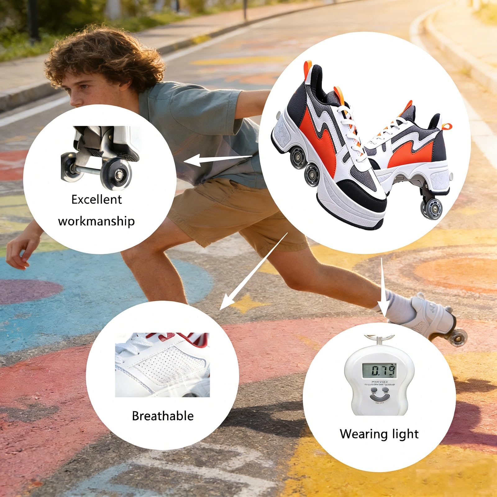 Dwurzędowe Rolki Deform | Wrotki 2 w 1 - Niewidoczne Automatyczne Buty do Chodzenia Deformation | z Wyjmowanym Kółkiem do Jazdy Na Rolkach i Parkouru | Redukujące Rolki Quad
