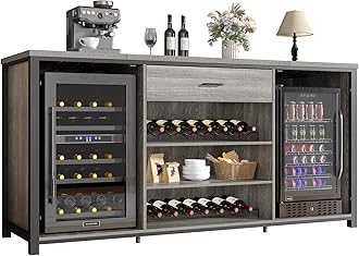 LVB Large Coffee Bar Cabinet with Fridge Space, Long Wood Metal Liquor Cabinet with Refrigerator Storage, Farmhouse Wooden Wine Cabinet with Drawer for Dining Room Kitchen, Light Grey Oak, 70.9 Inch