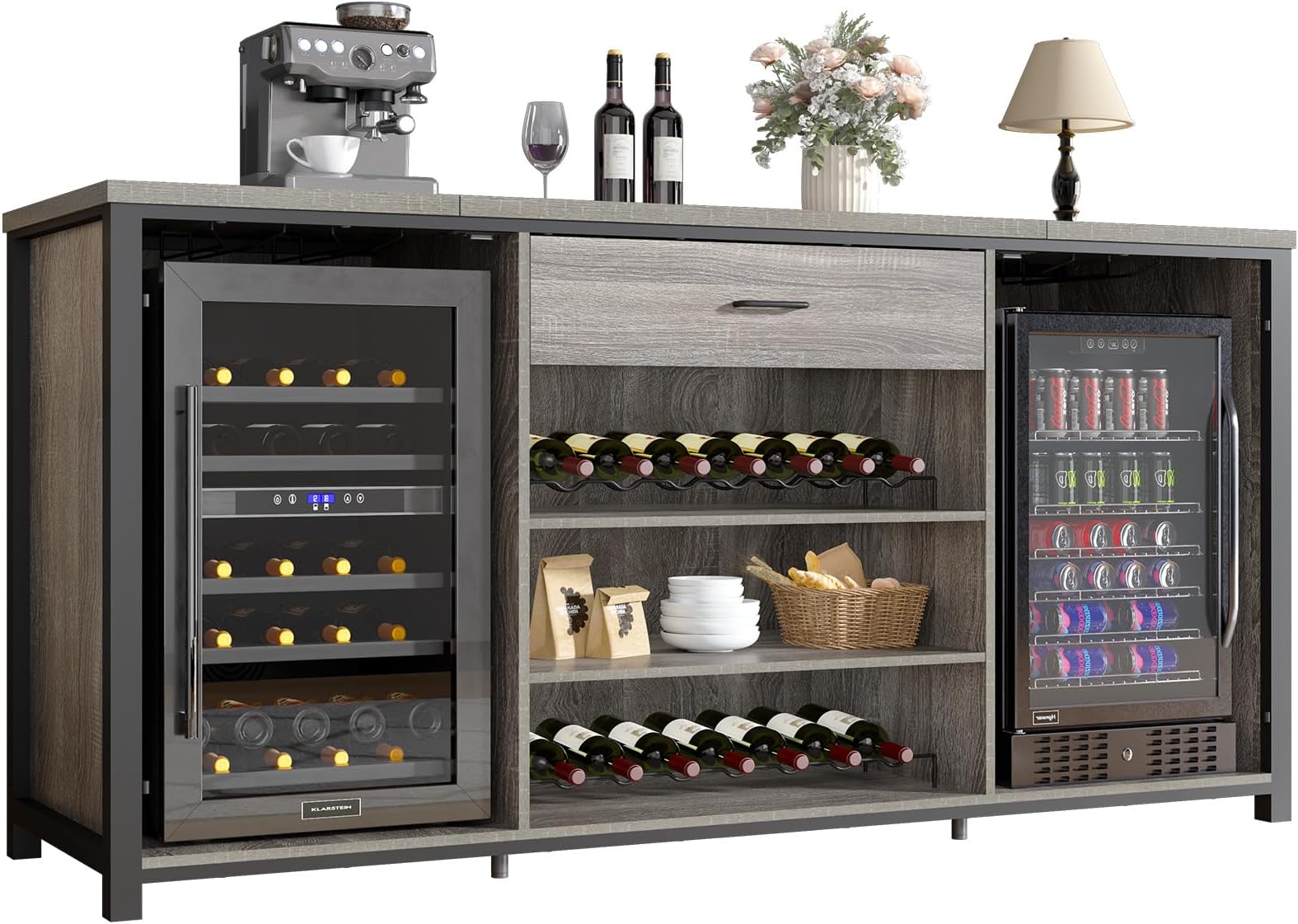 LVB Large Coffee Bar Cabinet with Fridge Space, Long Wood Metal Liquor Cabinet with Refrigerator Storage, Farmhouse Wooden Wine Cabinet with Drawer for Dining Room Kitchen, Light Grey Oak, 70.9 Inch