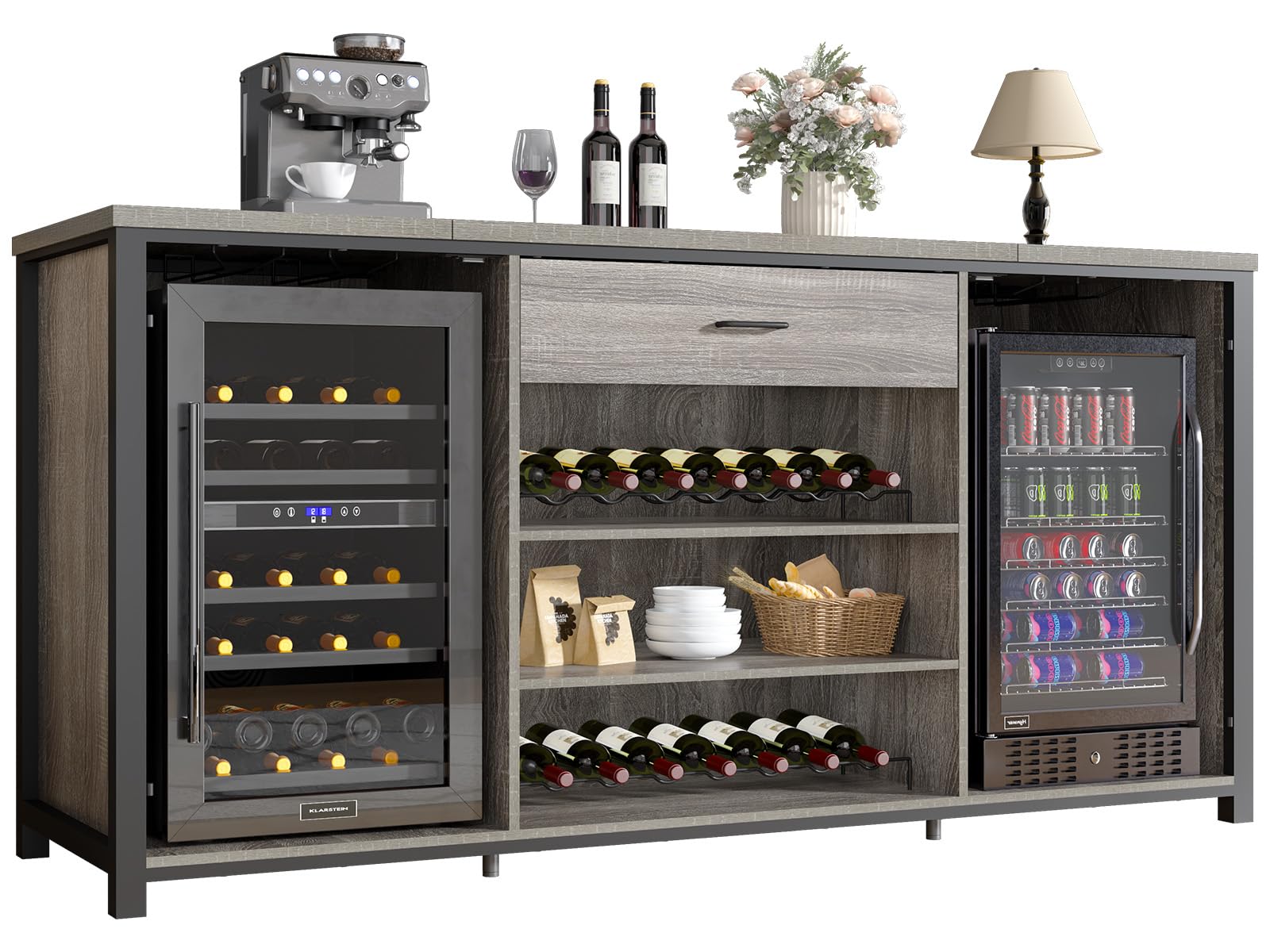 LVB Large Coffee Bar Cabinet with Fridge Space, Long Wood Metal Liquor Cabinet with Refrigerator Storage, Farmhouse Wooden Wine Cabinet with Drawer for Dining Room Kitchen, Light Grey Oak, 70.9 Inch