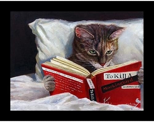 Miniatura 1 de Buyartforless Lámina de suspenso nocturna enmarcada - Gato leyendo para matar a un ruiseñor por Lucia Heffernan 10x8 Feline Art Print Poster Humor