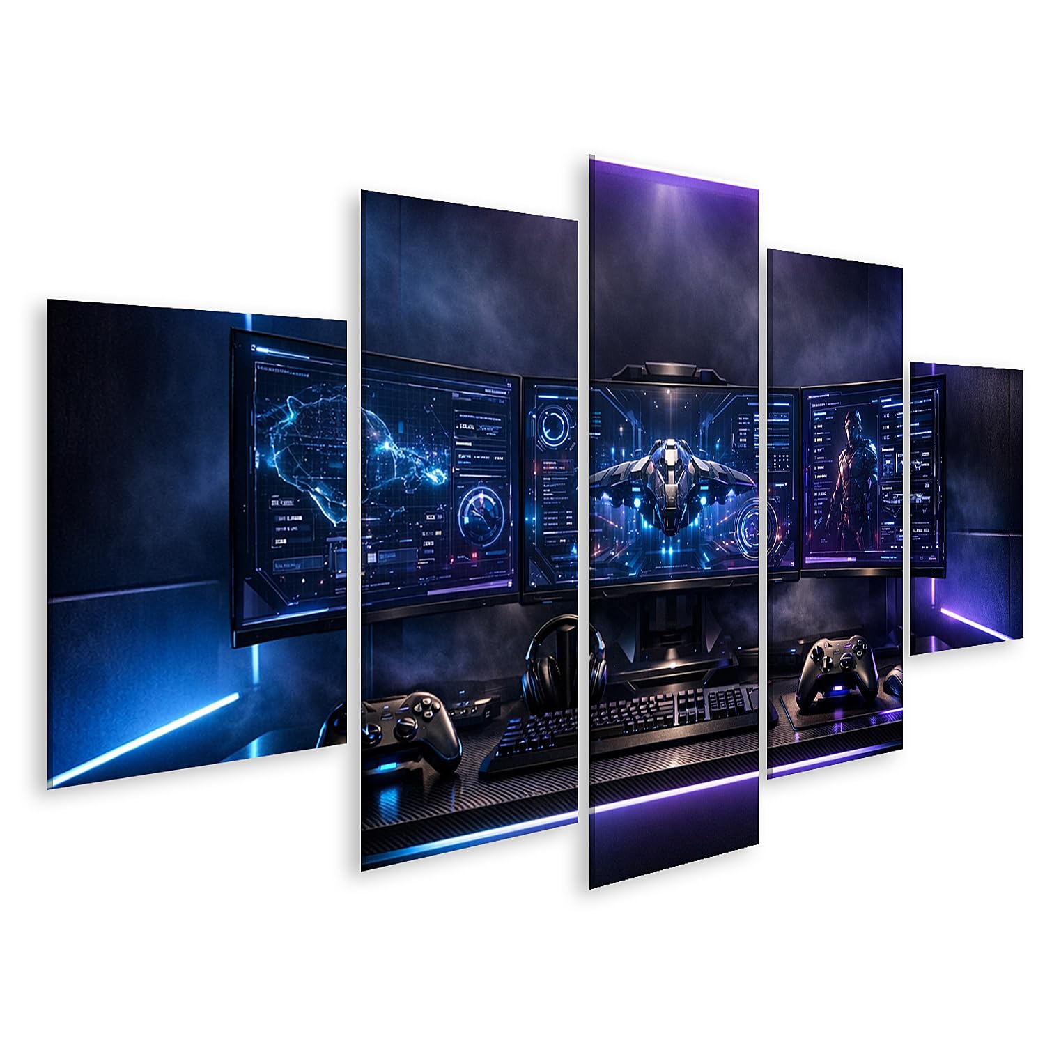 islandburner Bild auf Leinwand Futuristisches Gaming-Setup mit LED-Beleuchtung und drei Monitoren - 5-teilig