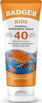 Badger Kids Mineral Sunscreen Cream SPF 40, Organic, Non-Toxic, 2.9 fl oz