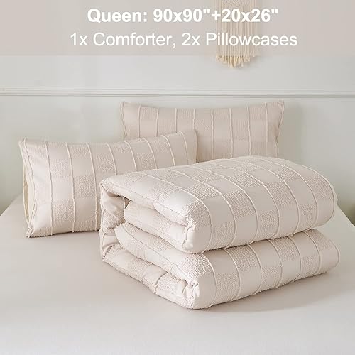 Miniatura 7 de PERFEMET Juego de edredón bohemio de 3 piezas de color beige claro, juego de ropa de cama de granja copetudo a cuadros, tamaño Queen, juego de ropa