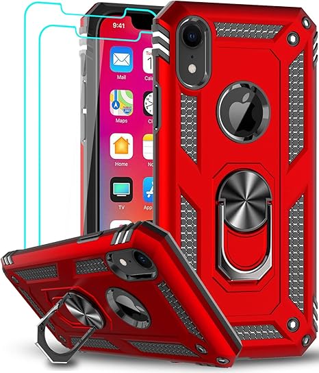 Amazon Com Leyi Compatible For Iphone Xr Case With Tempered Glass Screen Protector 2 Pack Military Grade Defender Protective Phone Case With Magnetic Ring Kickstand For Iphone Xr 10 10xr Red Cell Phones