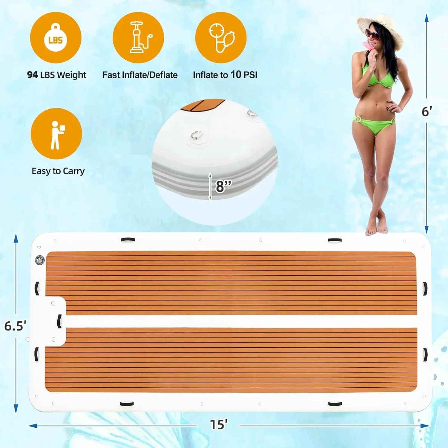 Extra Large Inflatable Floating Platform with Rope Ladder&None-Slip Surface 6 Inch Thick PVC Construction for Lakes, Pools, and Rivers (Brass 6.5Ft/2M15Ft/4.5M)