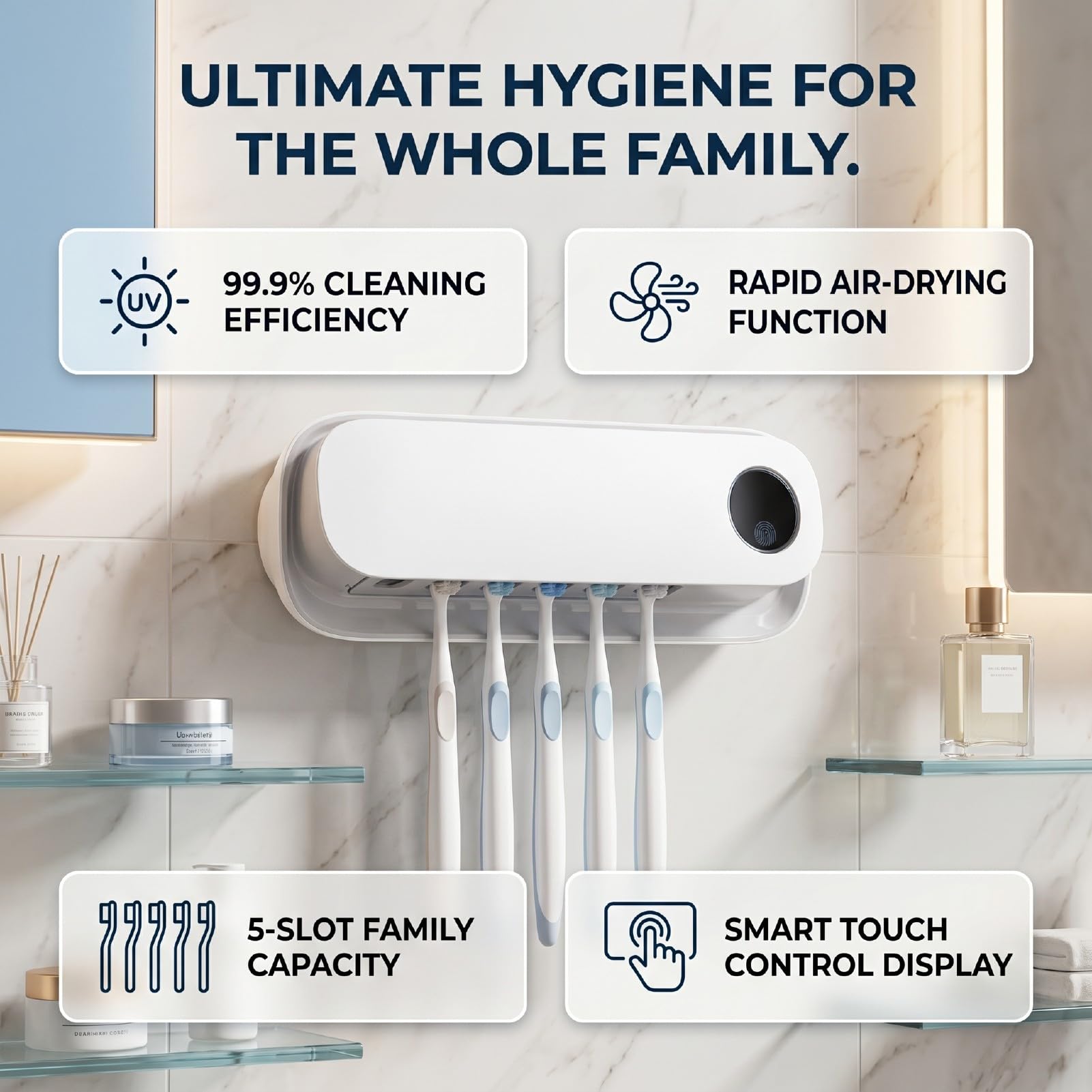 Cuifati Detergente per Spazzolini Intelligente, Disinfettante UV a Parete Efficiente Al 99,9%, Detergente per Spazzolini Ricaricabile a 5 Slot con Timer per il Bagno