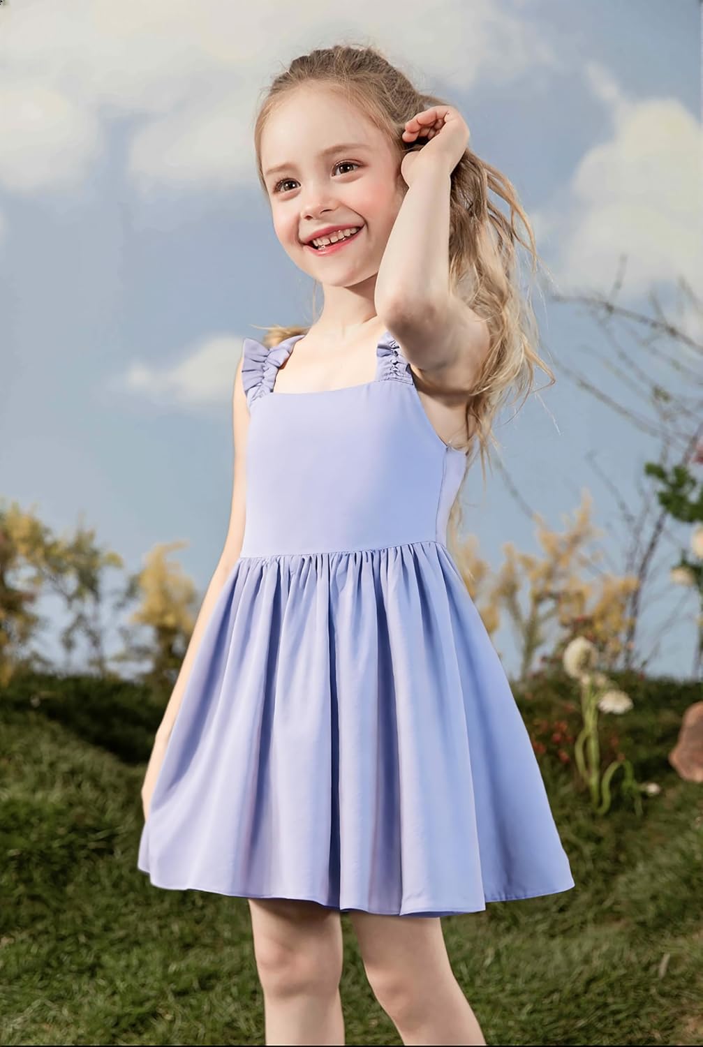 Flofallziqe Girls Casual Dress Summer Ruffle Shoulder Cute Bow Back Kid Boho Sundress for 4-12 Years 8 Years Lavender image 3 of 8 B0DYN4Q8KK