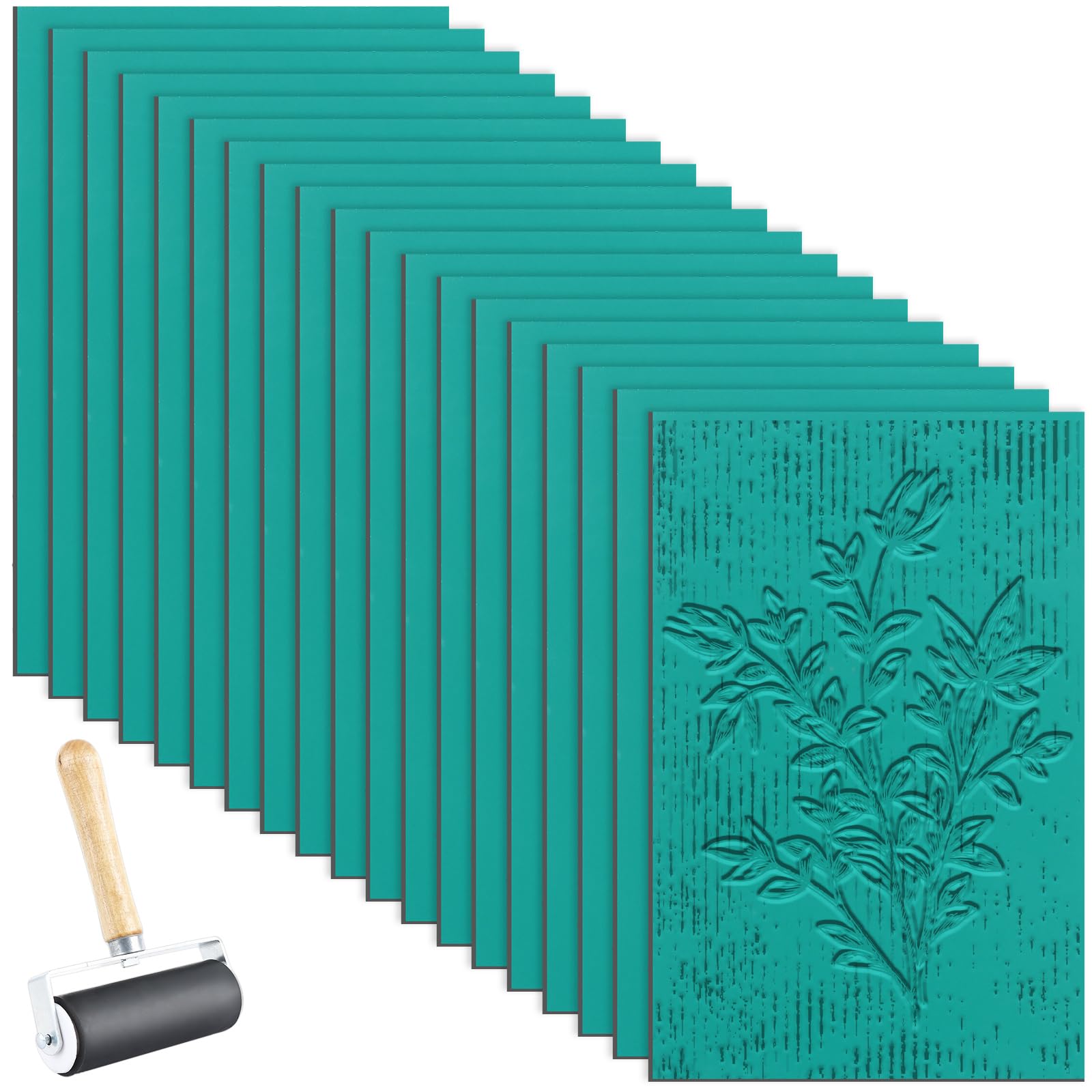 SHUESS 20 Pack 100 x 150 mm Lino Sheets - Easy-Carve Soft Lino Printing, 3 mm Thick - Double-Sided Lino Printing Sheets with Roller for Rubber Stamps, Carving Art and Craft (Green)