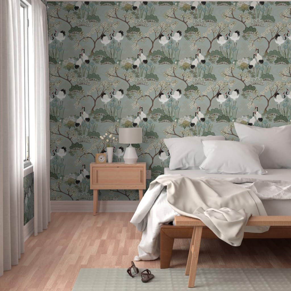 Spoonflower Peel & Stick Wallpaper 9ft x 2ft - Japanese Garden Florals Birds Cranes Asian Sage Cherry Blossom Custom Removable Wallpaper