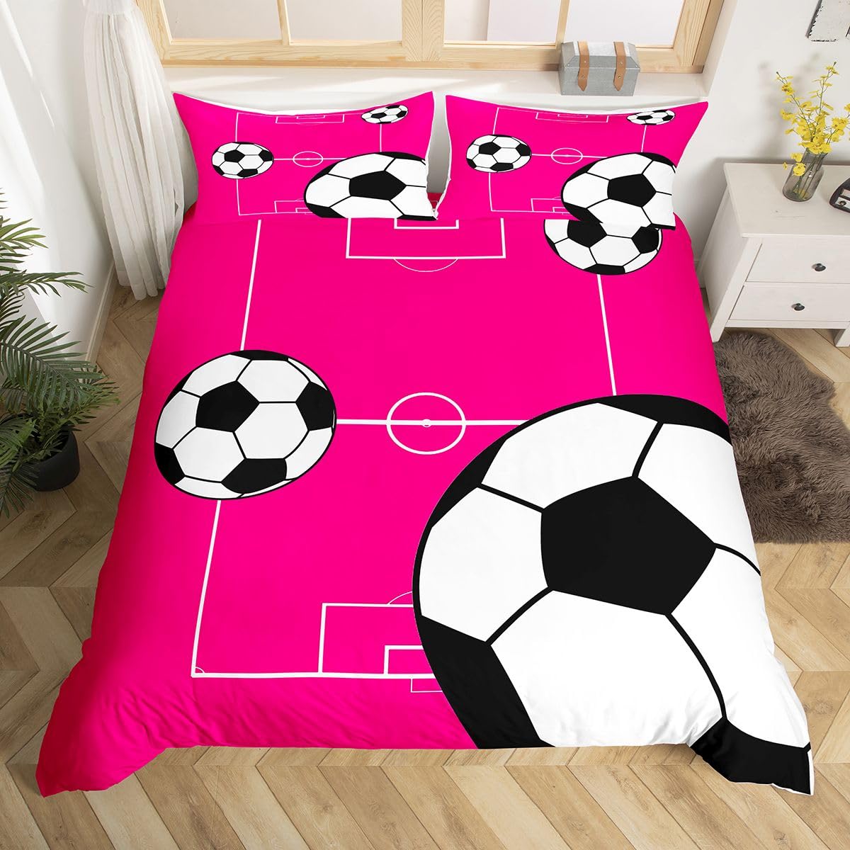Homewish Football Super King Duvet Cover Set with 2 Pillowcases - Pink Soccer Field Print Bedding for Kids Boys Girls Teens - Modern Football Court Quilt Cover Bedroom Decor Sports Game Bed Sets