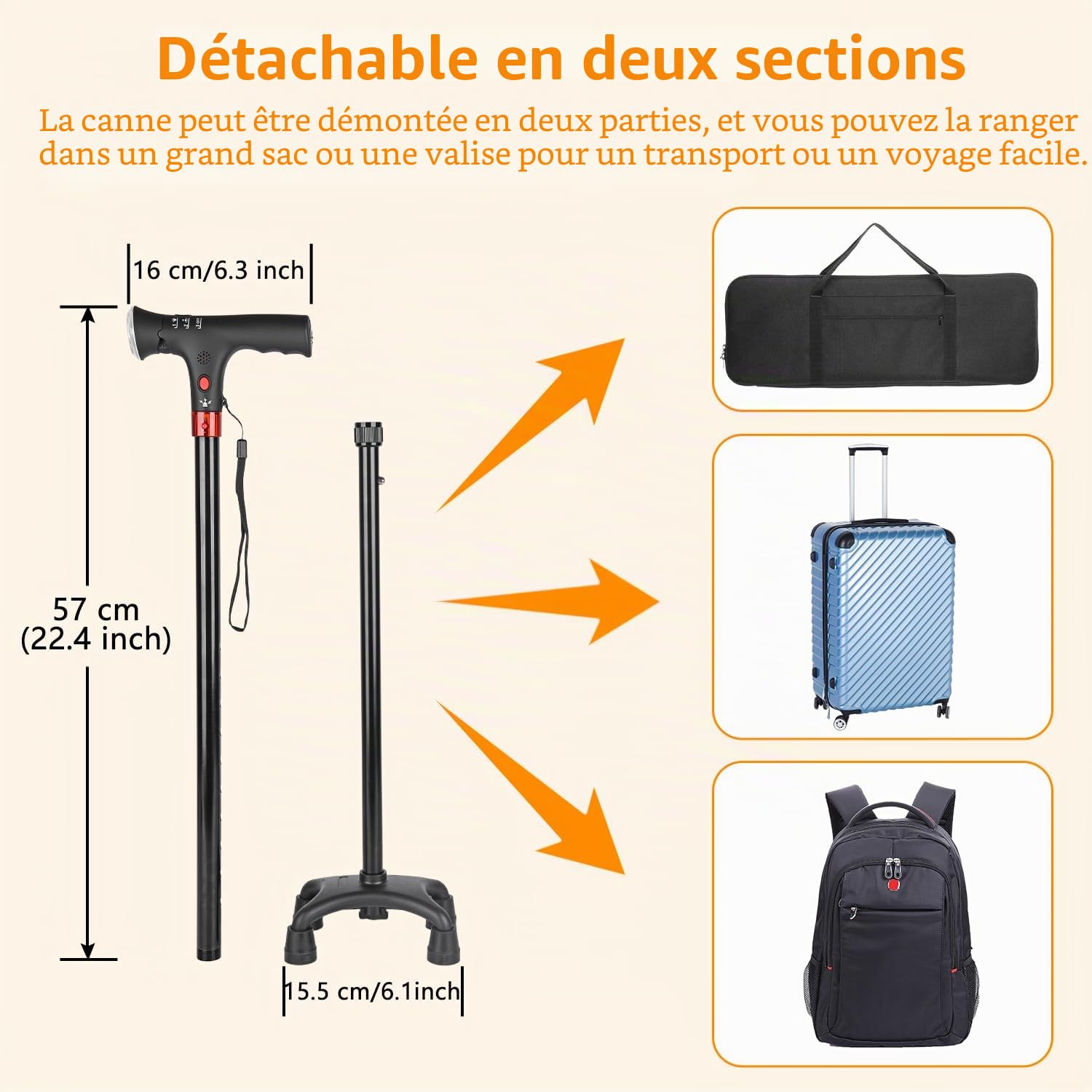 Canne à Pied 120 kg Capacité, Canne réglable en Hauteur avec Lampe de Poche LED et Alarme, Canne à Pied pour Les Personnes âgées et Les Adultes Qui Ont Besoin de Plus de Soutien.