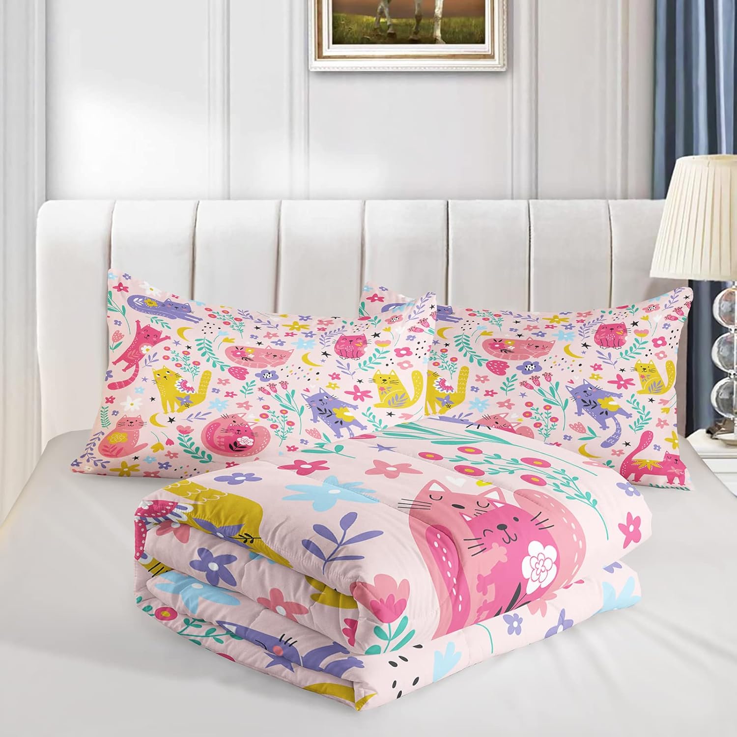 QOOMO Floral Cat Comforter Twin Size,Pink Cat Bedding Set for Kids Teens Girls,3Pcs Bedding Set Printed Comforter with 2 Pillowcases,Down Alternative,Soft and Lightweight(Pink,Twin Size) - Image 4