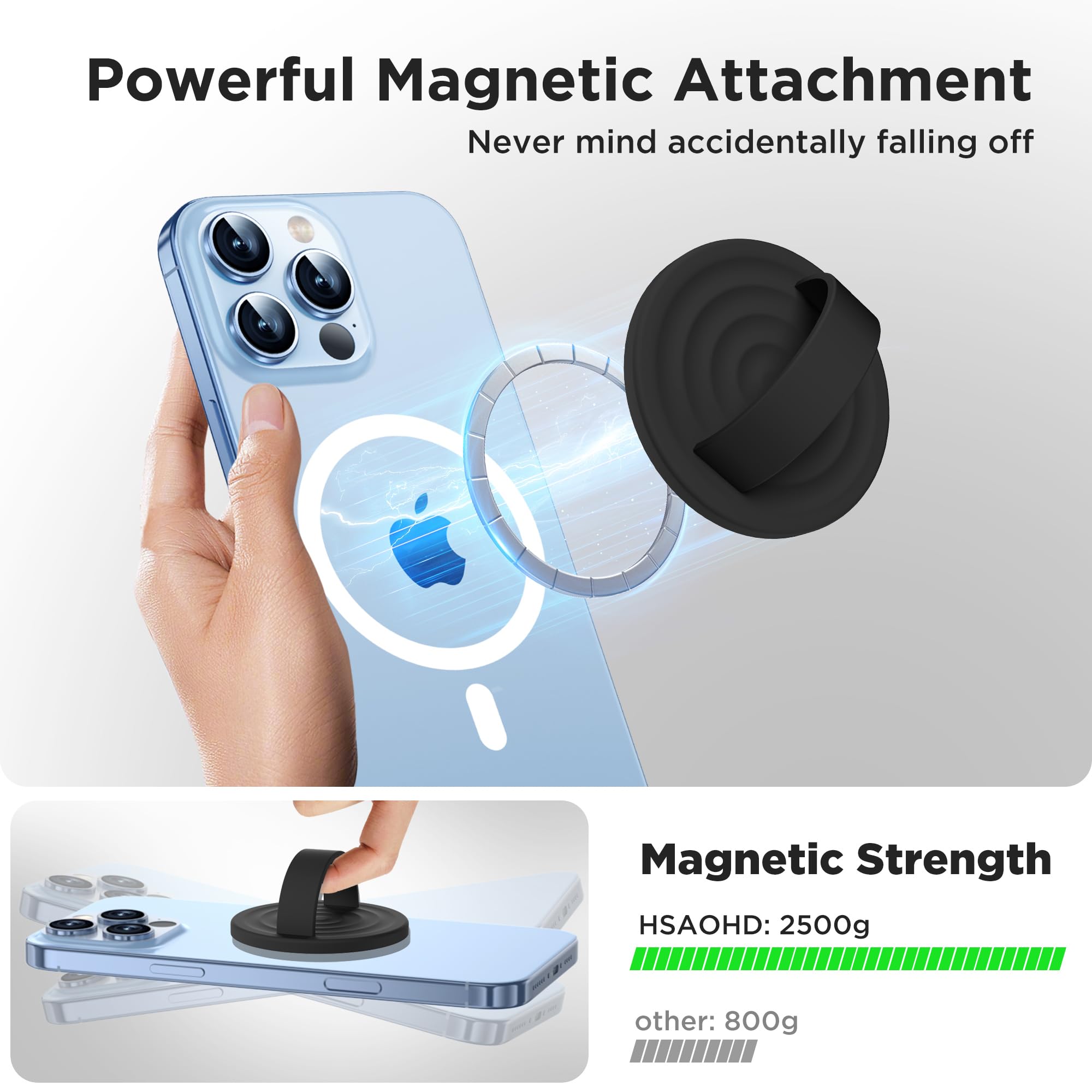 Agarre magnético mejorado para teléfono, silicona líquida suave y portátil, soporte extraíble para iPhone, fuerte atracción magnética, compatible con funda MagSafe, color negro