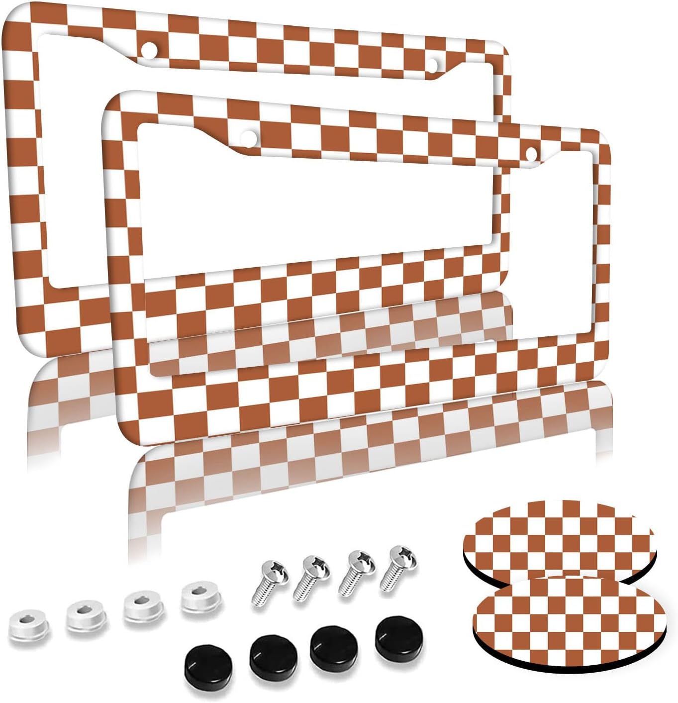 Black and White Checkered Pattern License Plate Frames 2 Pack 2 Holes Aluminum License Plate Cover with 2 Pcs Car Coasters and Screw and Black Screw Caps for Girl Women Men Gifts image 3